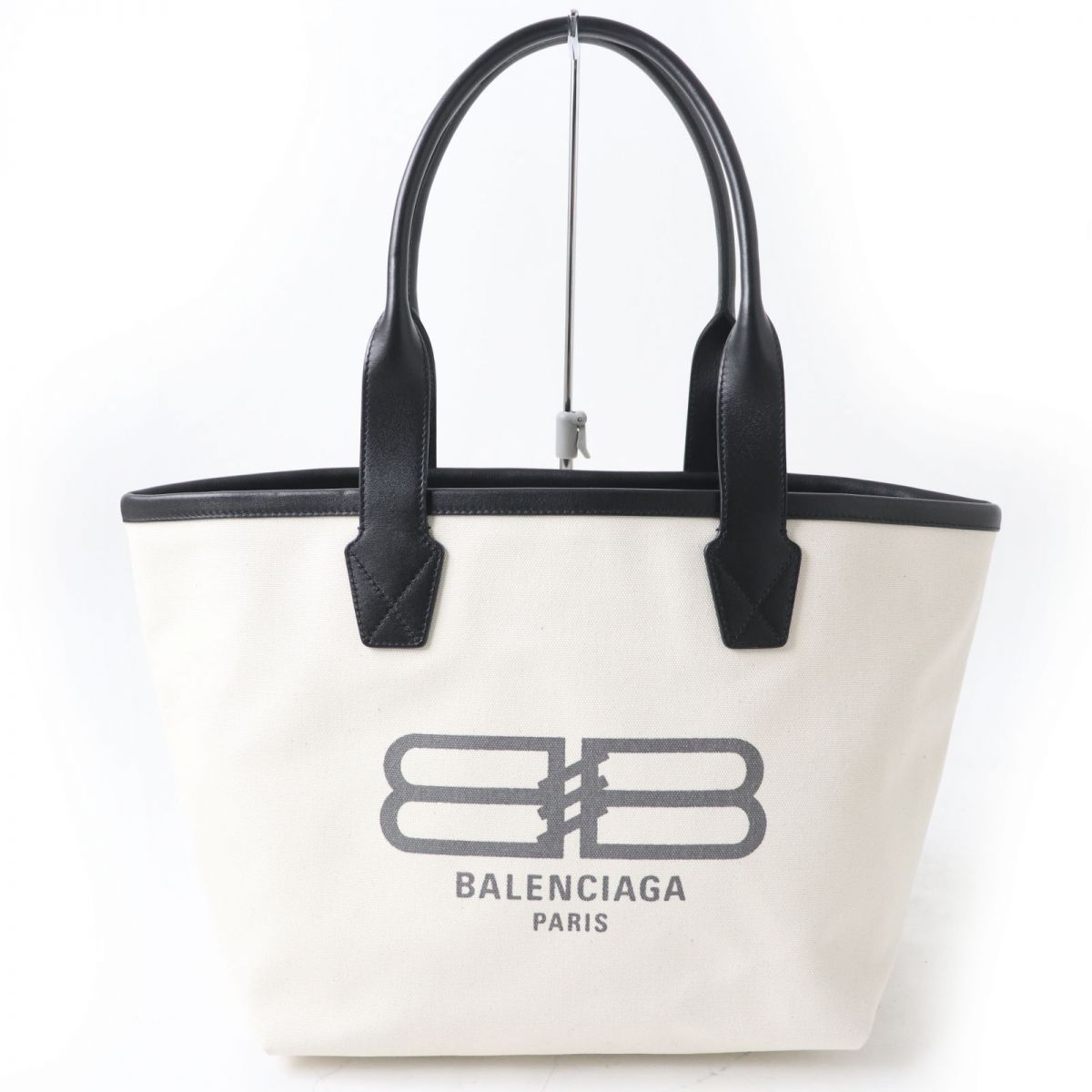 極美品☆BALENCIAGA バレンシアガ 692068 JUMBO ジャンボ ロゴ入りトートバッグ スモール アイボリー×ブラック レディース 保存袋付き【中古】