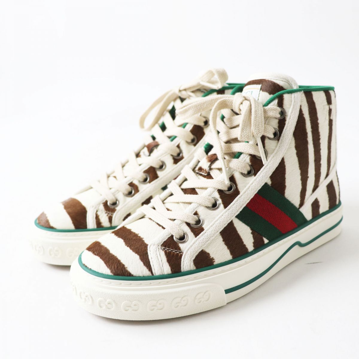 【ドンドン見直し】未使用品◎伊製 GUCCI グッチ 627839 テニス1977 レディース ハラコ ハイカットスニーカー ゼブラ柄 マルチ 35 箱・保管袋・替え紐付き【中古】