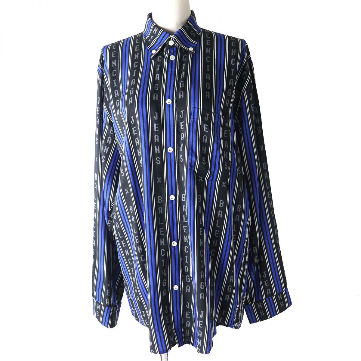 極美品△正規品 BALENCIAGA バレンシアガ 20SS 658956 ストライプロゴ オーバーサイズ 長袖 シャツ レーヨン レディース メンズ ブルー系 32 伊製【中古】