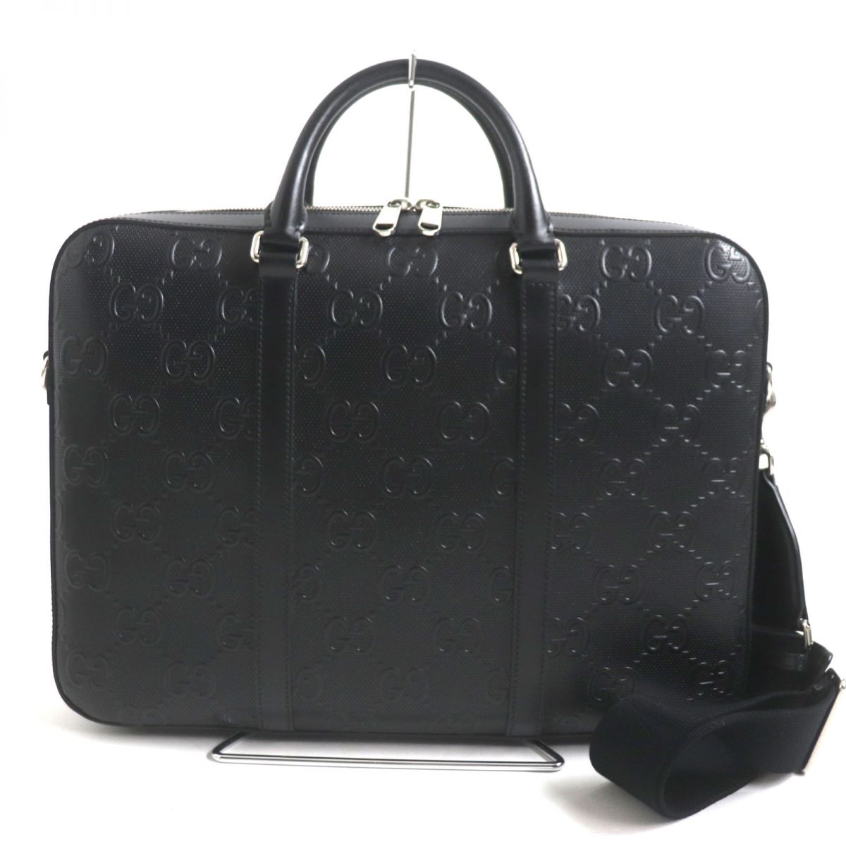 極美品▼GUCCI グッチ 658573 GGエンボス シルバー金具 2WAY レザーブリーフケース/ビジネスバッグ ブラック 伊製 メンズ 箱・保存袋付き【中古】