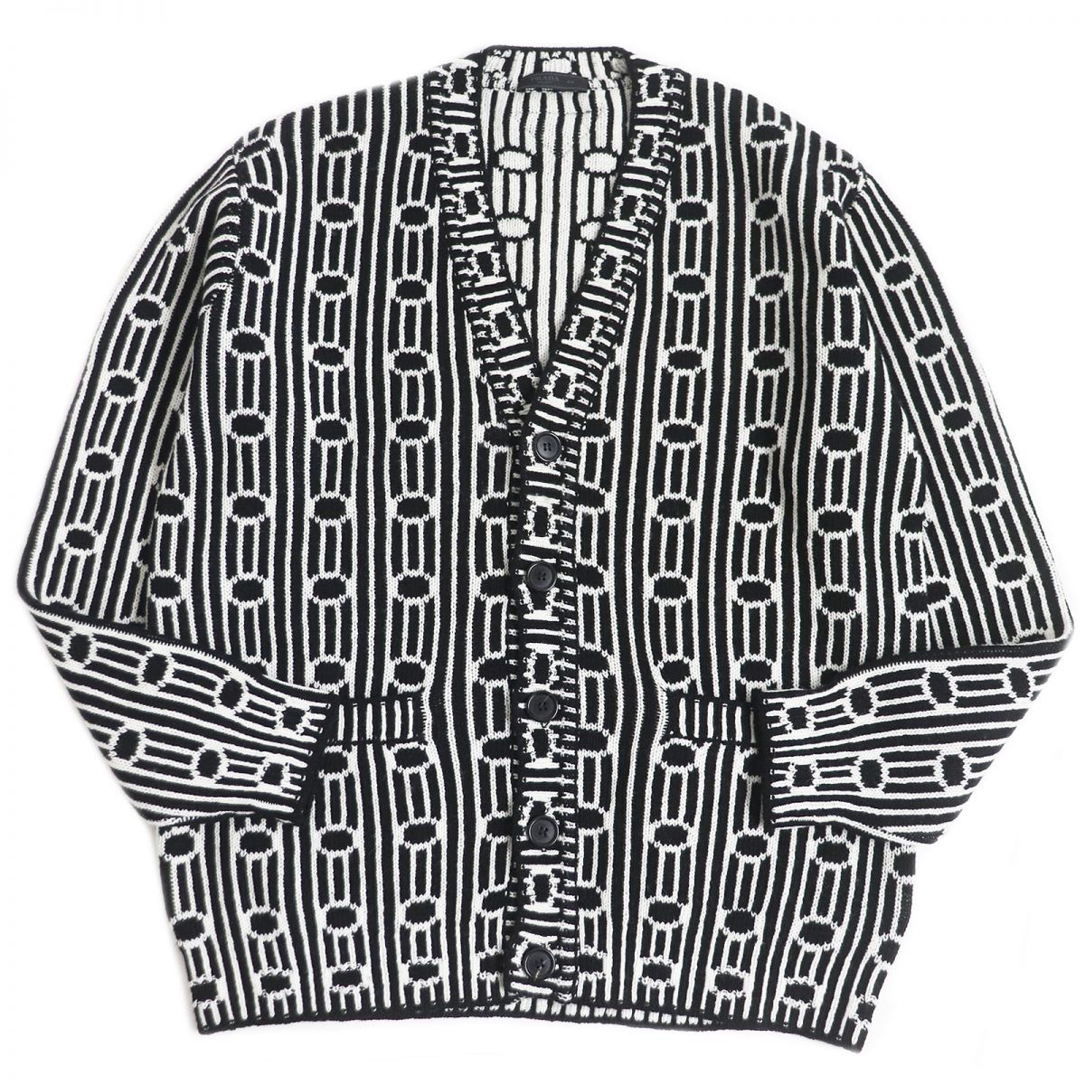 未使用品□22AW PRADA/プラダ UMG167 総柄 トライアングルロゴ ウール×カシミヤ 長袖 ニットカーディガン/セーター 黒×白 44 伊製 正規品【中古】