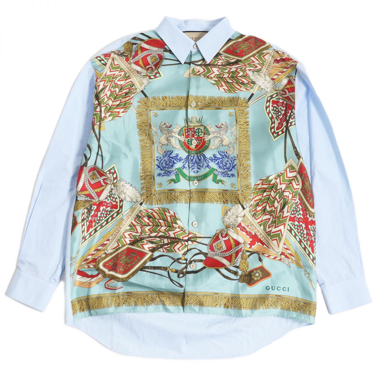 極美品□GUCCI/グッチ 751451 クレスト＆エクストリアンプリント シルク使い 長袖 コットンポプリンシャツ ライトブルー 46 伊製 正規品【中古】