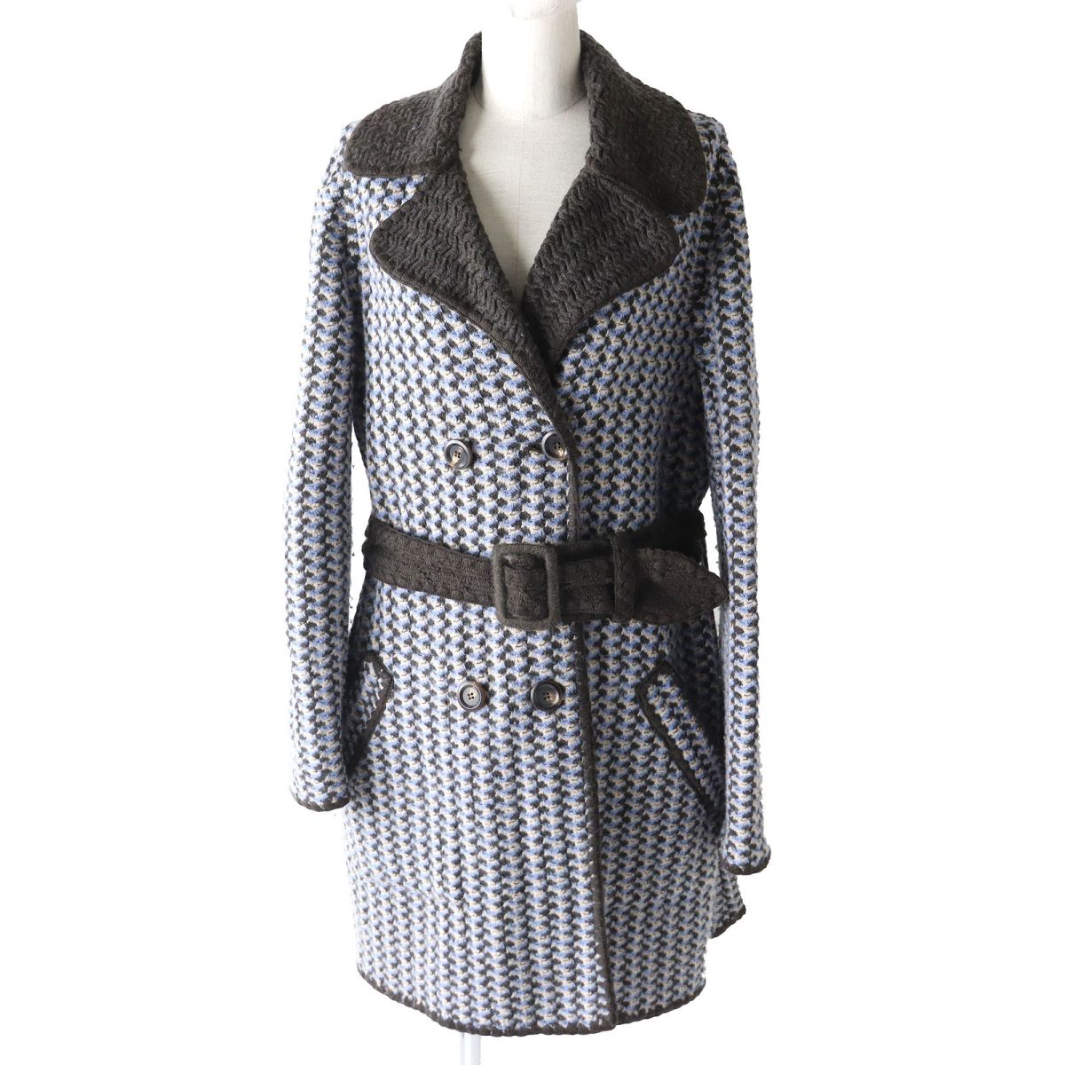 美品△正規品 MISSONI ミッソーニ レディース ベルト付 総柄／無地 ダブルブレスト リバーシブル ニットコート ライトブルー系/ブラウン 46【中古】