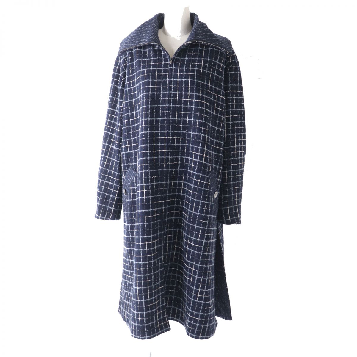 極美品◎正規品 21-22年 シャネル P73110 レディース メティエダールコレクション ココボタン付 ツイードロングコート 36 紺 ランウェイ着【中古】