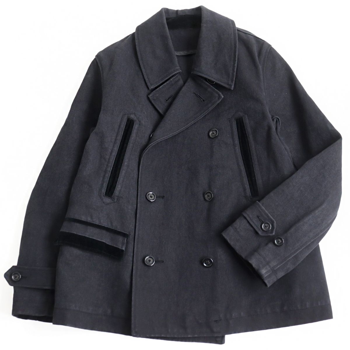 美品●PORTER CLASSIC ポータークラシック ベロア切替 キャンバス地 ショート丈 ダブルブレスト ピーコート ブラック M 日本製 正規品 メンズ【中古】