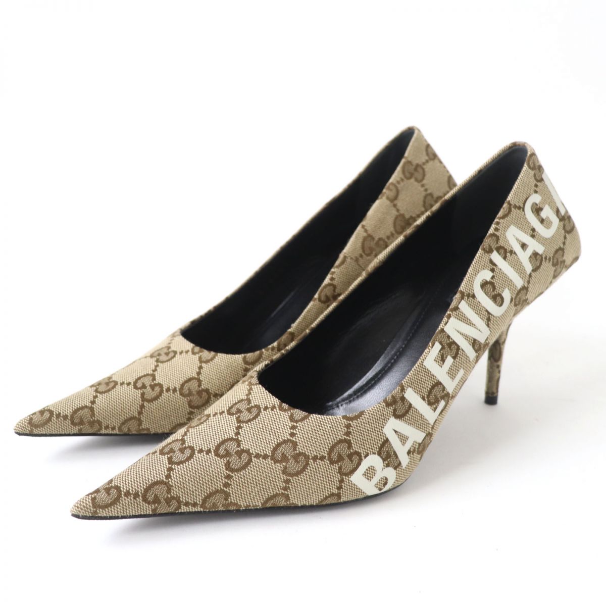 未使用品☆GUCCI×BALENCIAGA グッチ×バレンシアガ 676603 GGキャンバス ロゴ入り ポインテッドトゥパンプス 36 1/2 伊製 箱・保管袋付【中古】