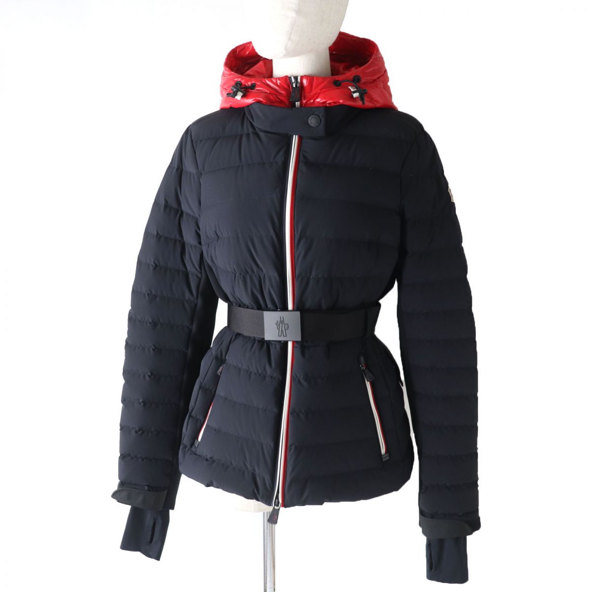 極美品☆正規品 MONCLER GRENOBLE モンクレールグルノーブル BRUCHE 21年 ベルト・ロゴワッペン・フード付き ダウンジャケット 黒×赤 2【中古】