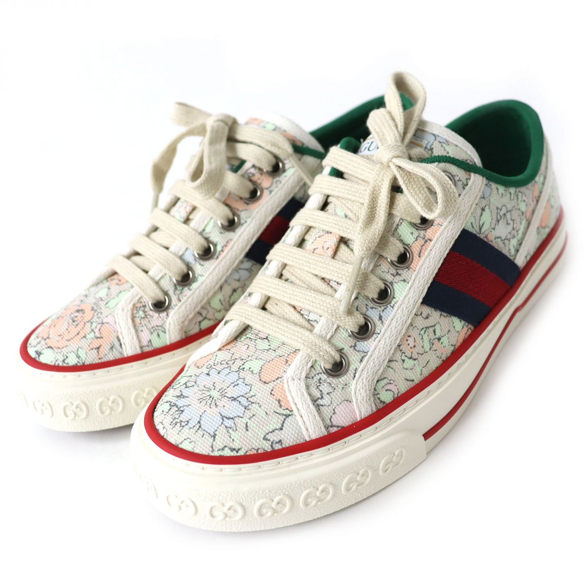 【ドンドン見直し】未使用品△GUCCI グッチ テニス 1977 LIBERTY リバティ 花柄 ウェブライン レースアップ ローカット スニーカー アイボリー×マルチ 34 1/2【中古】