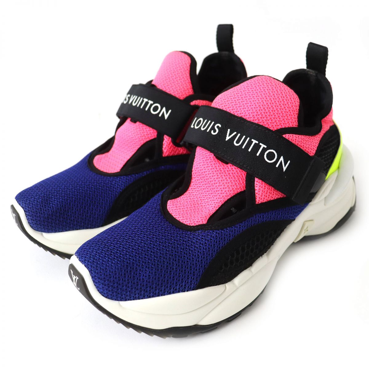 美品△LOUIS VUITTON ルイヴィトン 2022年 ラン 55・ライン スニーカー モノグラム ロゴ入り ブルー×ピンク×イエロー 36 レディース 伊製【中古】