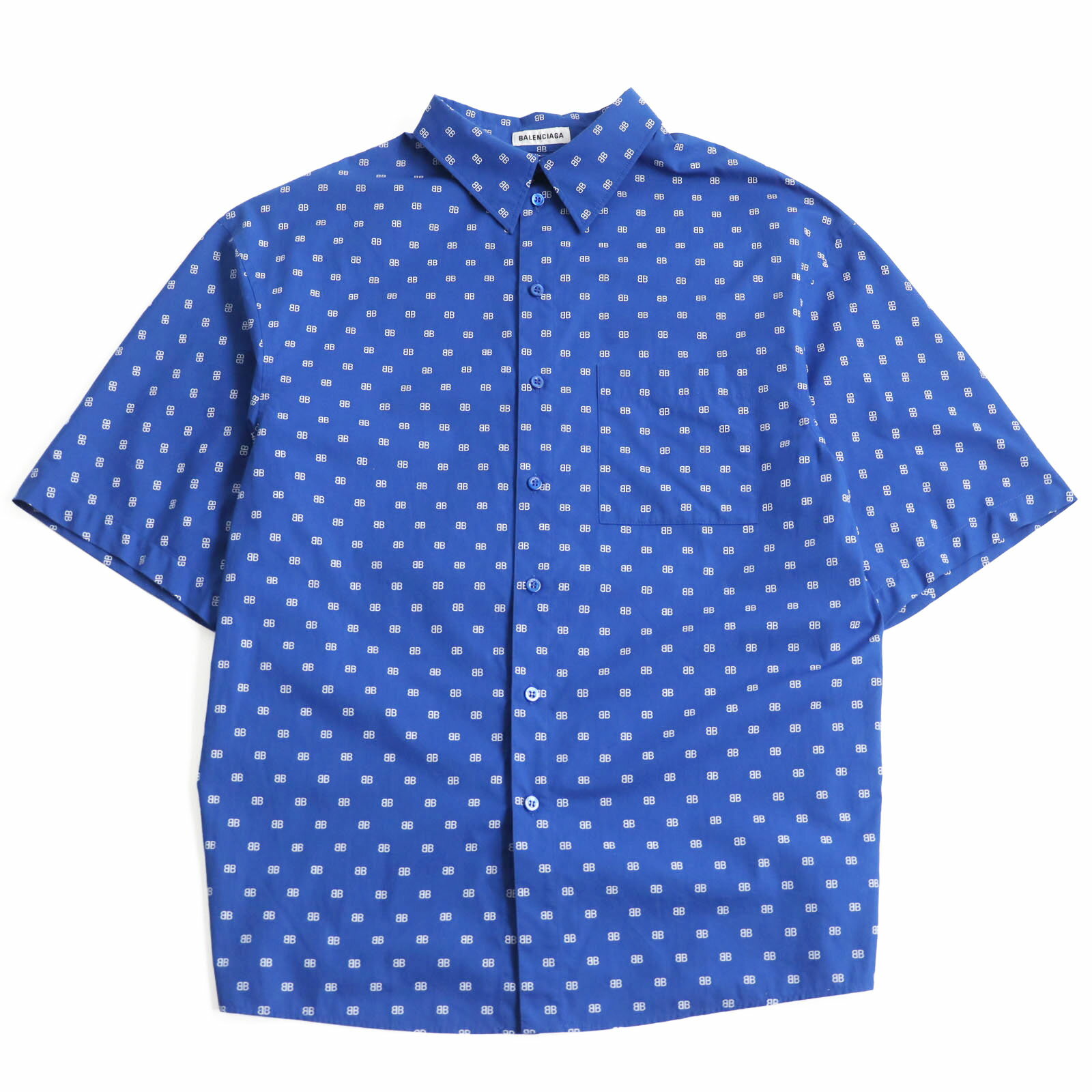 美品 BALENCIAGA バレンシアガ 2019年製 583560 TELE5 コットン100% BBロゴ総柄 ロゴボタン オーバーサイズ 半袖/ショートスリーブシャツ ブルー 36 イタリア製 正規品 メンズ【中古】