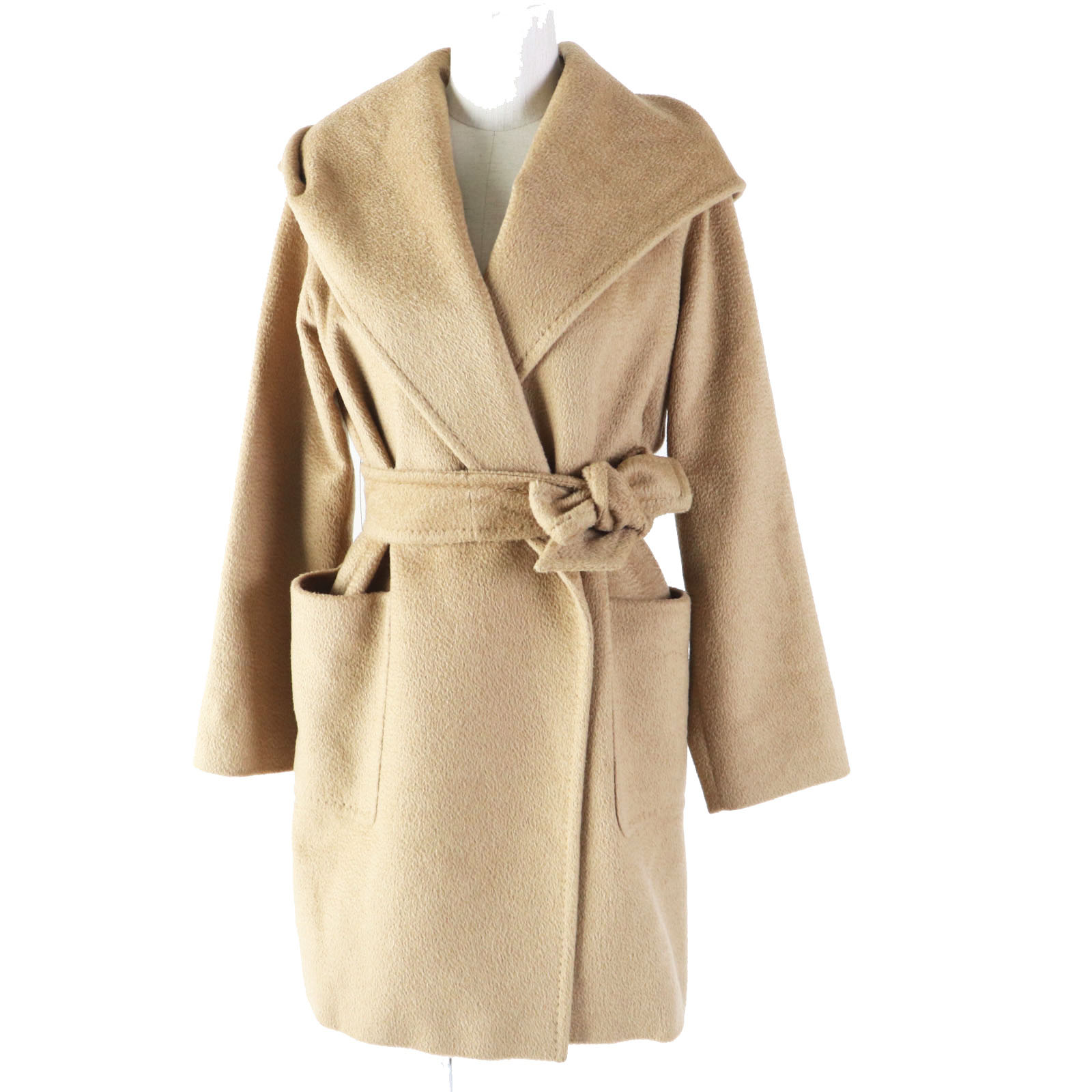 美品 Max Mara マックスマーラ リアルト 白タグ キャメル100％ ベルト・フード付き ラップコート キャメル 36 イタリア製 正規品 レディース【中古】