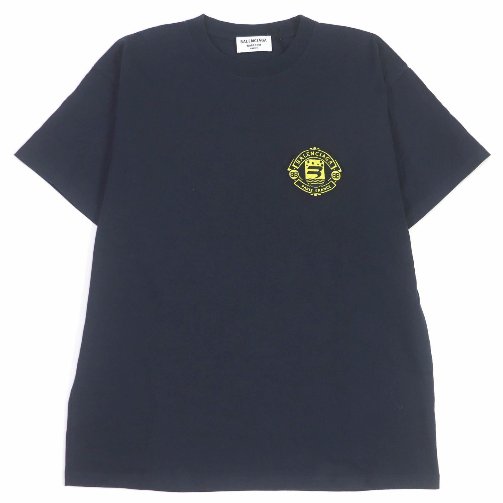 美品 BALENCIAGA バレンシアガ 21AW 612965 コットン100％ ロゴワッペン クルーネック カットソー 半袖Tシャツ ネイビー S 正規品 メンズ【中古】