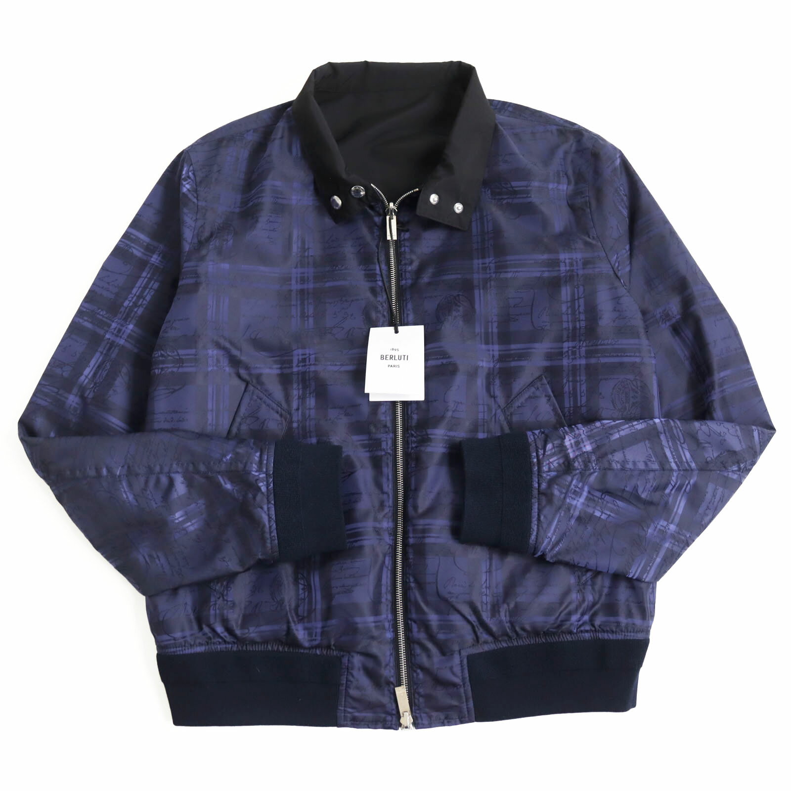 未使用品 BERLUTI ベルルッティ カリグラフィ リバーシブル ロゴレザーパッチ 中綿入り レザー使い ブルゾン ブラック パープル系 48 イタリア製 正規品 メンズ【中古】