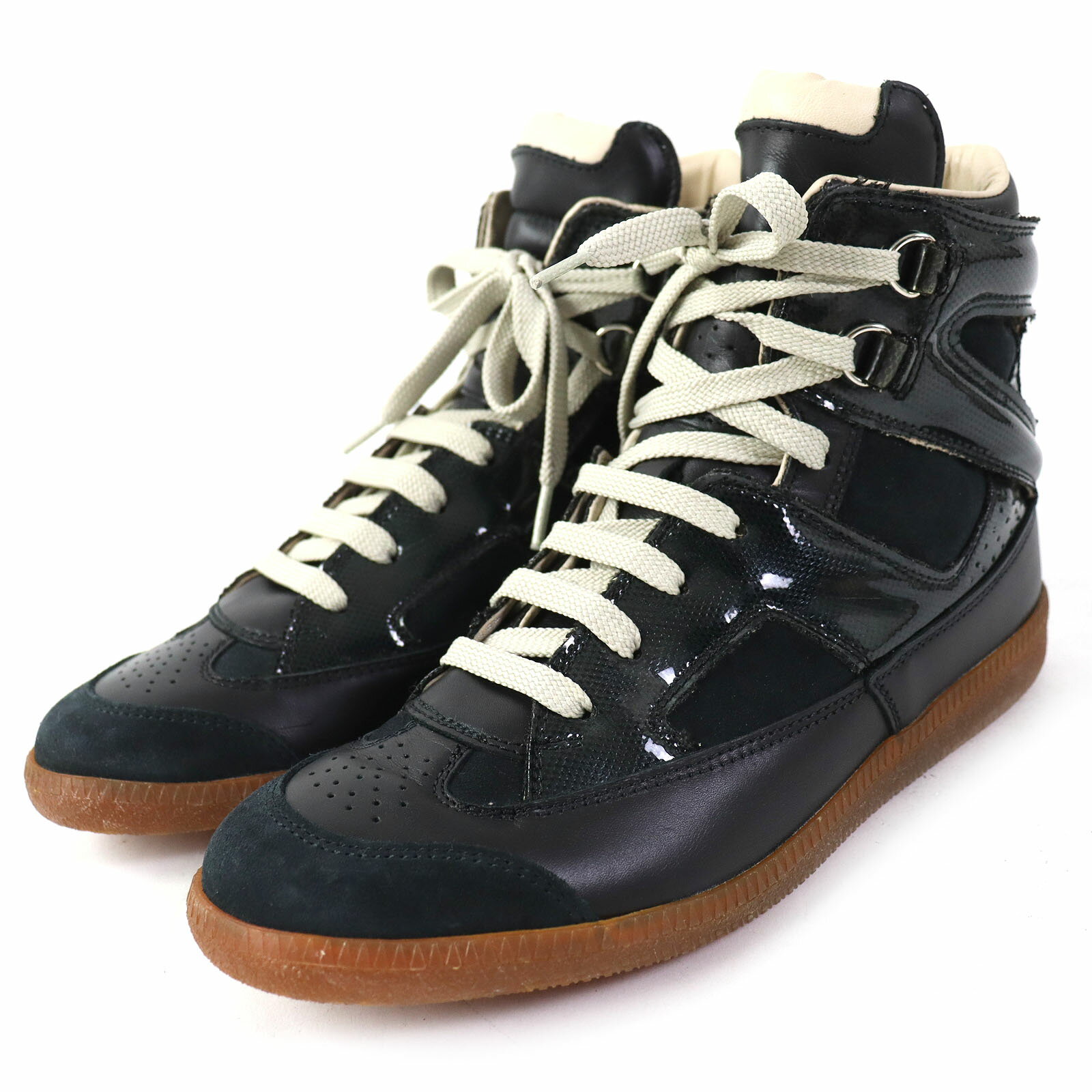 極美品 Maison Margiela 22 メゾンマルジェラ22 スウェード×レザー ジャーマントレーナー ハイカットスニーカー ブラック 38 イタリア製 レディース【中古】