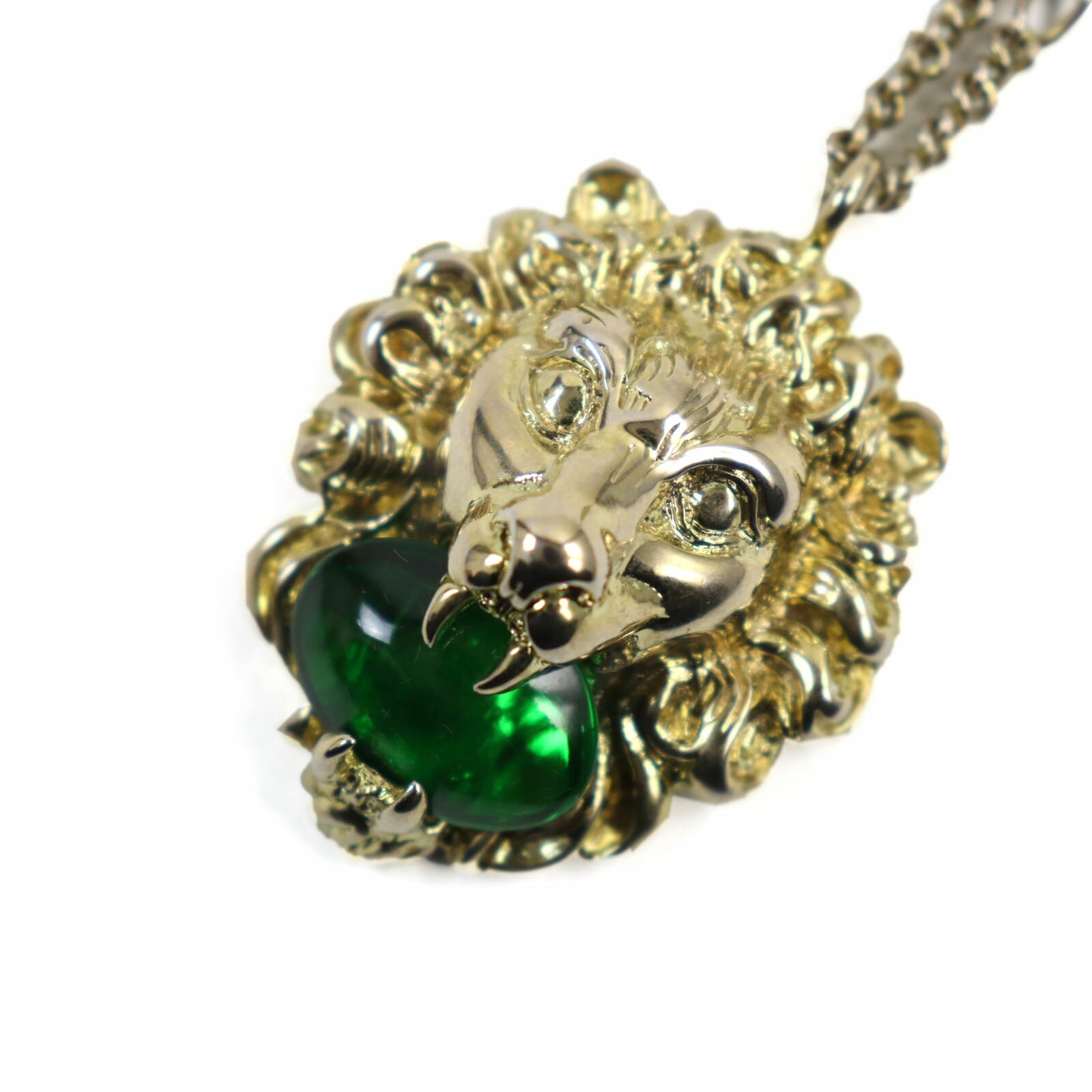 良品 GUCCI グッチ 412885 ライオンヘッド カラーストーン チェーンネックレス/ペンダント アクセサリー ゴールド グリーン 保存袋付き イタリア製【中古】