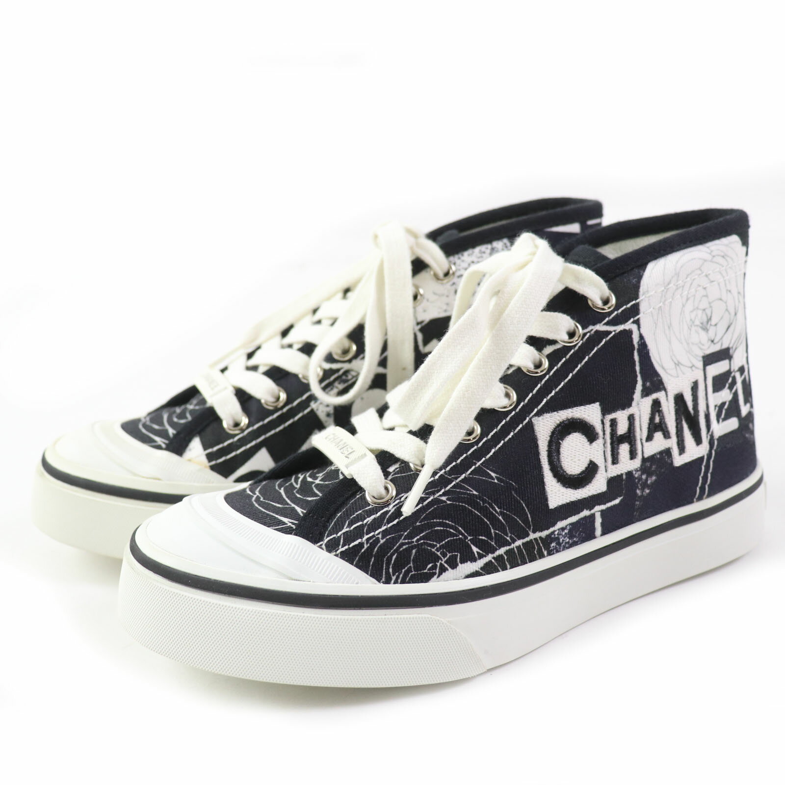 極美品 CHANEL シャネル 20P G35960 グラフィティ ミッドカット キャンバス カメリア ハイカットスニーカー ホワイト ブラック 35 箱・保存袋付き スペイン製 レディース【中古】