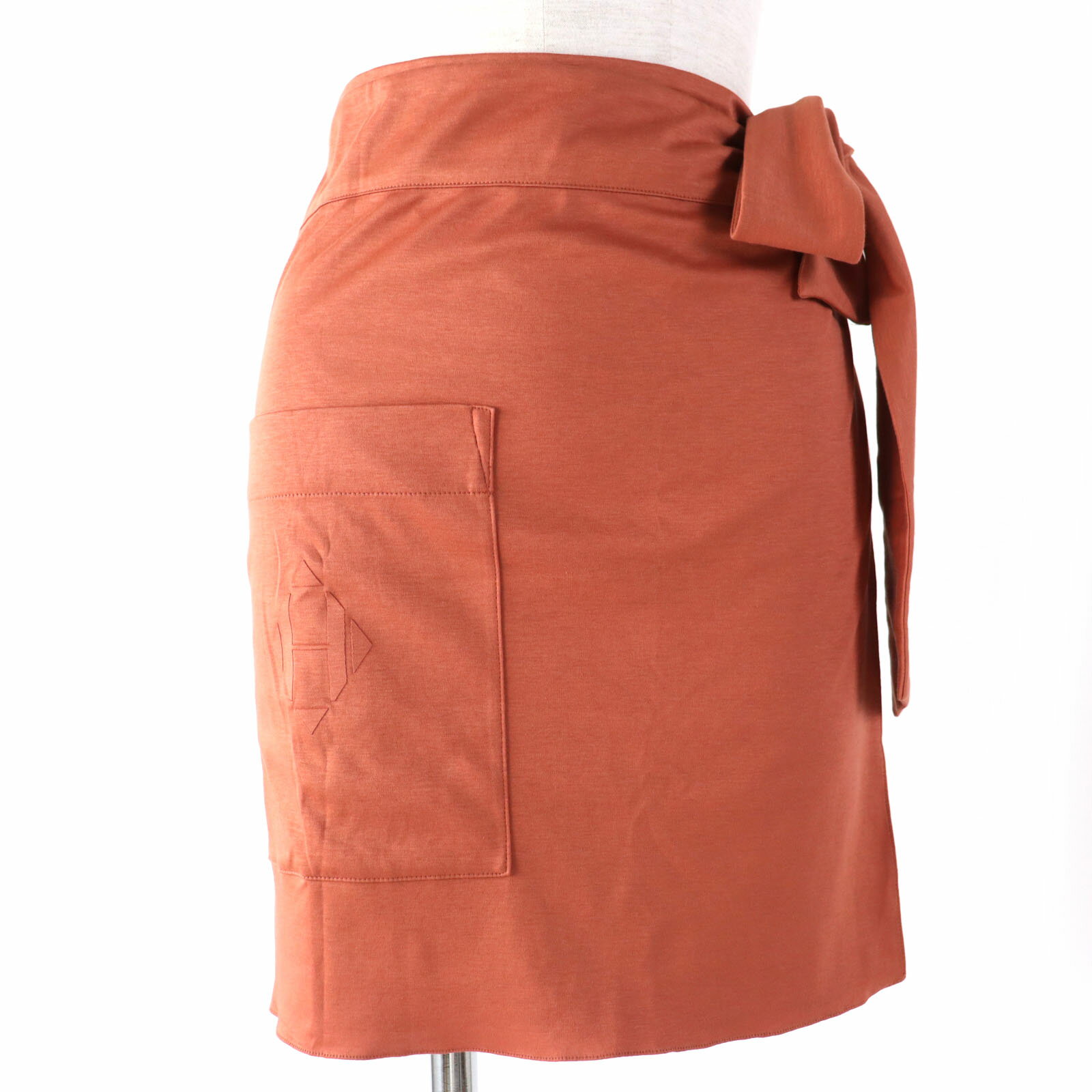 極美品△HERMES エルメス コットン100％ Hモチーフポケット付き 膝上丈 ミニ丈 ラップスカート ブラウン系 34 フランス製 レディース【中古】