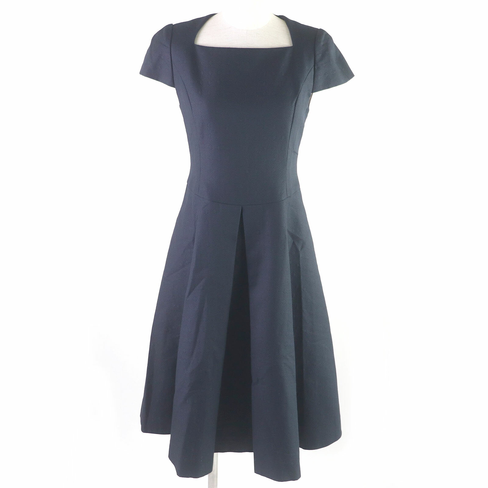 未使用品□FOXEY フォクシー 39686 コットン100％ ダッチネック ダイヤモンド 総柄 ワンピース ドレス ダークネイビー 38 日本製 正規品 レディース【中古】