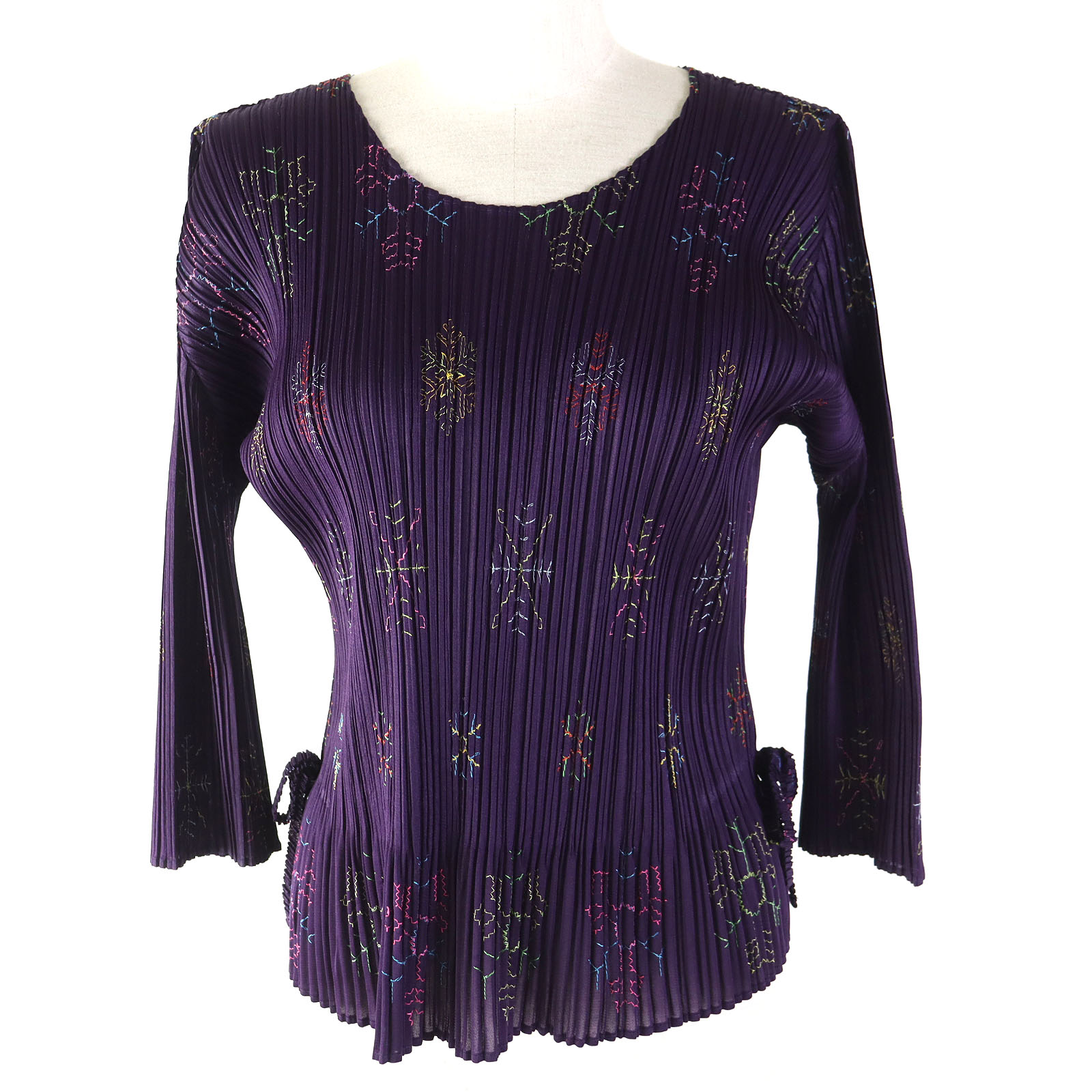 極美品△PLEATS PLEASE プリーツプリーズ イッセイミヤケ PP53-JK721 総柄 サイドリボン付き 七分袖 カットソー トップス パープル系 3 日本製 正規品 レディース【中古】