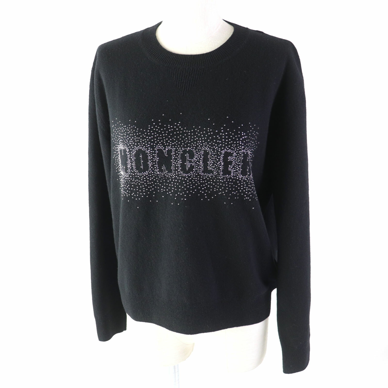 美品★MONCLER モンクレール スタッズ付 ロゴデザイン クルーネック 長袖 ウールニット/セーター ブラック XS 正規品 レディース【中古】