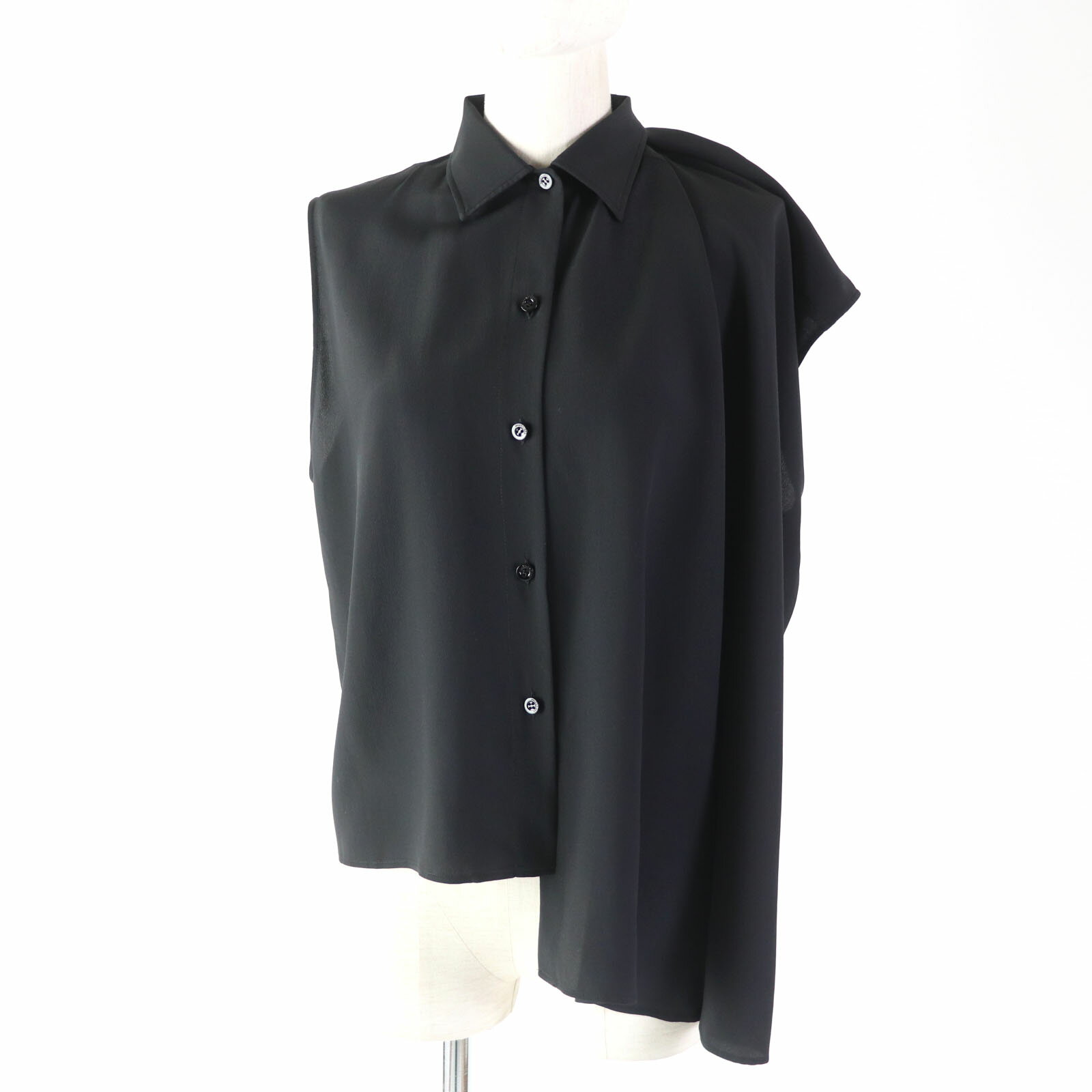 極美品☆BALENCIAGA バレンシアガ 2018年製 558176 シルク混 アシンメトリー ノースリーブ ブラウス トップス ブラック 34 イタリア製 正規品 レディース【中古】