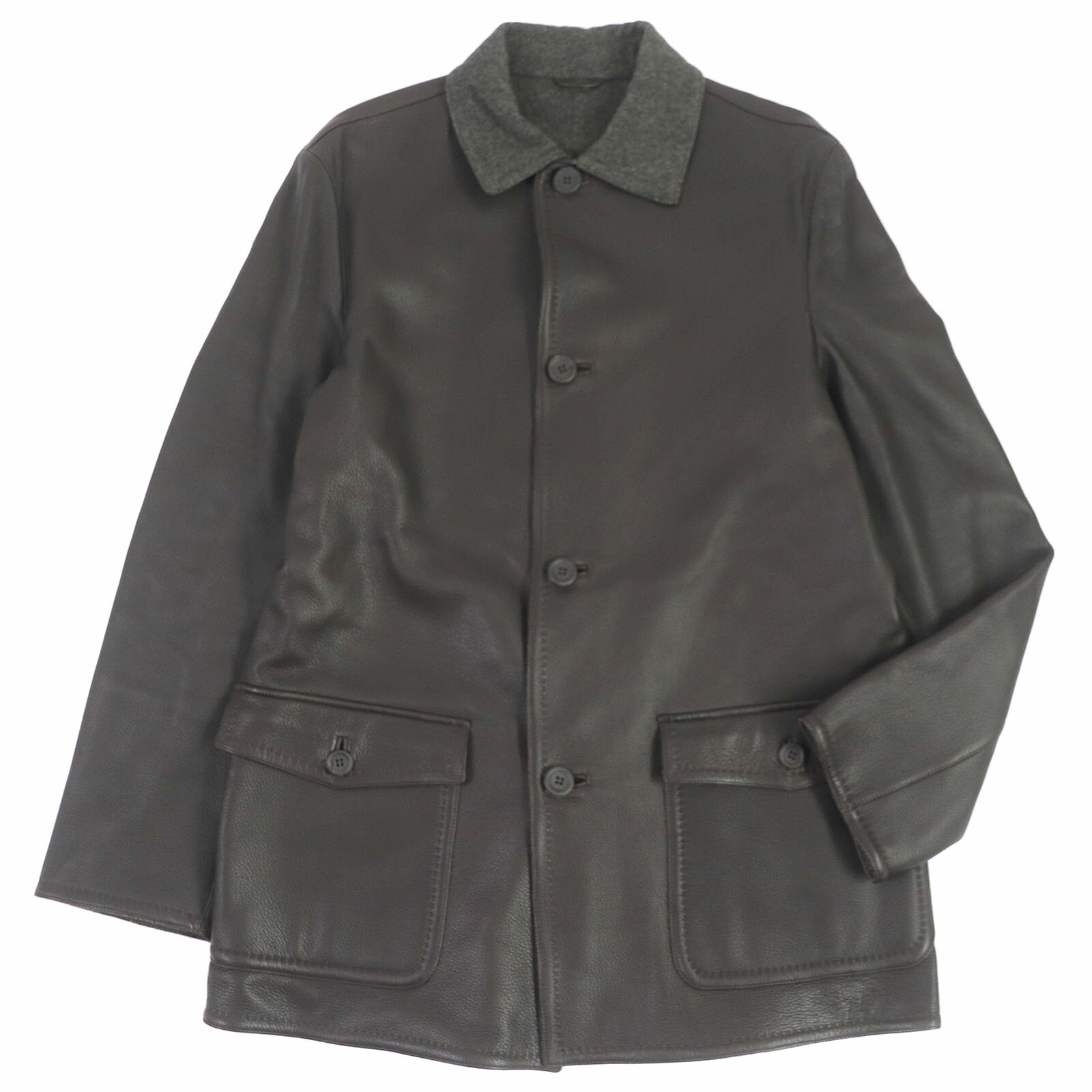 美品□Ermenegildo Zegna エルメネジルド ゼニア 裏地カシミヤ ウール カバーオール レザージャケット ダークブラウン 48 イタリア製 正規品 メンズ【中古】