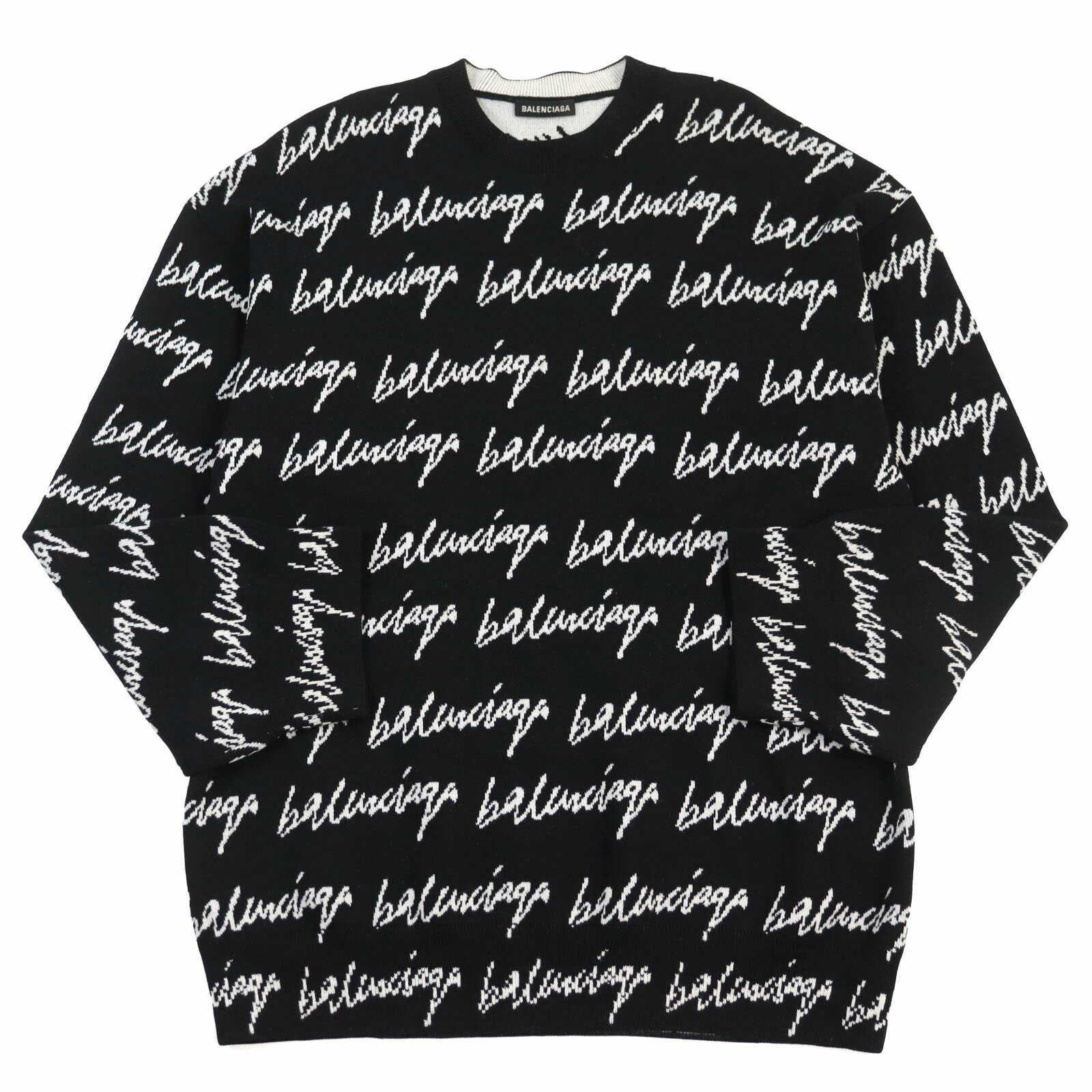 美品○BALENCIAGA バレンシアガ 20AW 625984 T3184 オールオーバーロゴ オーバーサイズ スクリブルクルーネック ジャガードニット/セーター ブラック ホワイト S イタリア製 正規品 メンズ【中古】