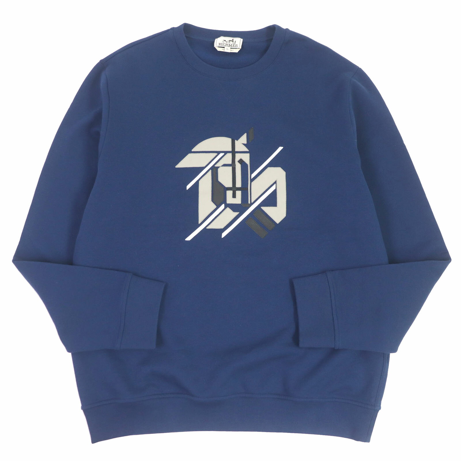 未使用品□HERMES エルメス 23SS シュヴォー・アン・シンメトリー コットン100％ ホース ラムレザーパッチ スウェット トレーナー ブルー XL イタリア製 正規品 メンズ【中古】