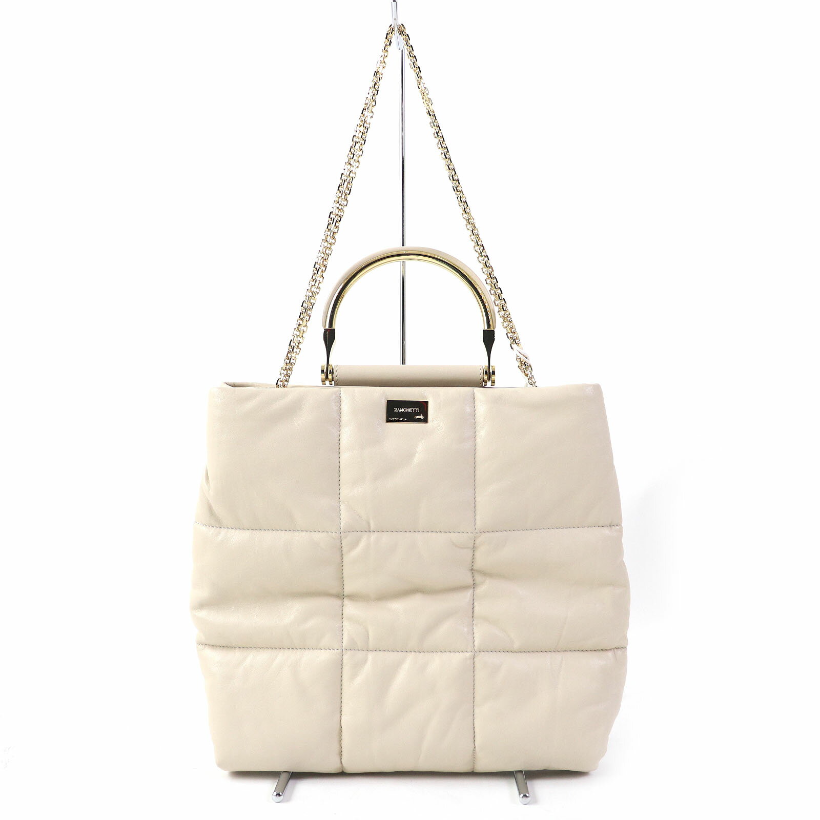 極美品△ZANCHETTI ザンケッティ SAND CHAIN SHOPPER DAMA HANDLE 本革 3WAY チェーンショルダー ハンドバッグ ベージュ ゴールド金具 保存袋付き イタリア製 レディース【中古】
