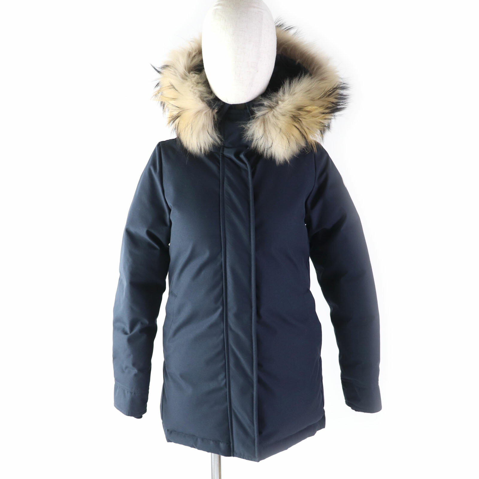 美品★Pyrenex ピレネックス BORDEAUX FUR ボルドーファー ラクーンファー・フード付 ZIP UP ダウンジャケット ネイビー 34 ブルガリア製 正規品 レディース【中古】