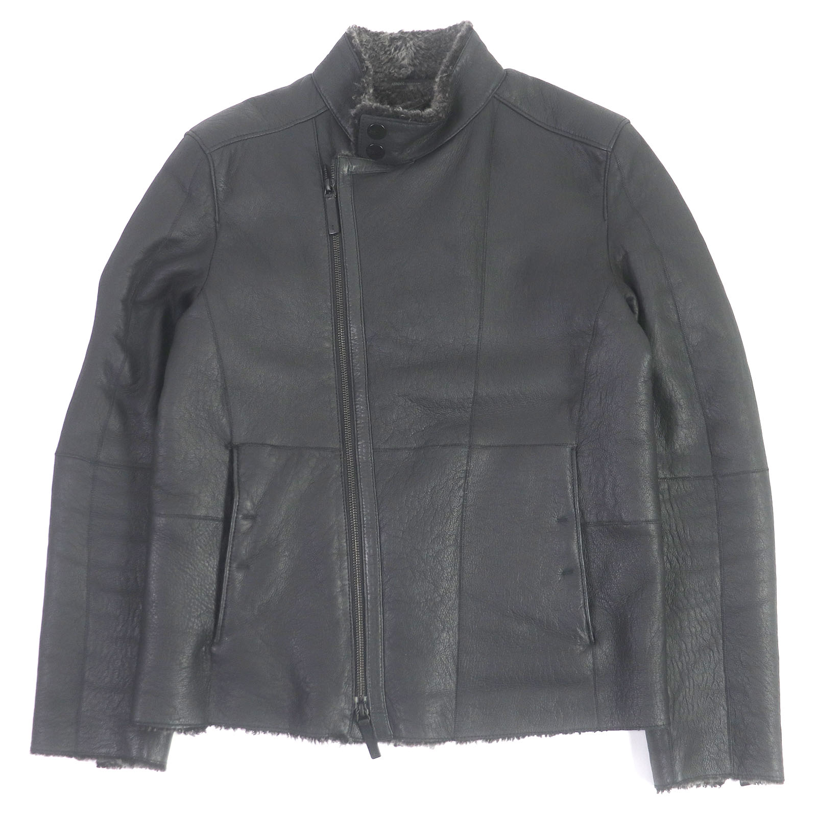 美品□ARMANI COLLEZIONI アルマーニコレッツォーニ ラムレザー スタンドカラー WZIP シングル ライダースジャケット ムートンジャケット ブラック 46 正規品 メンズ【中古】