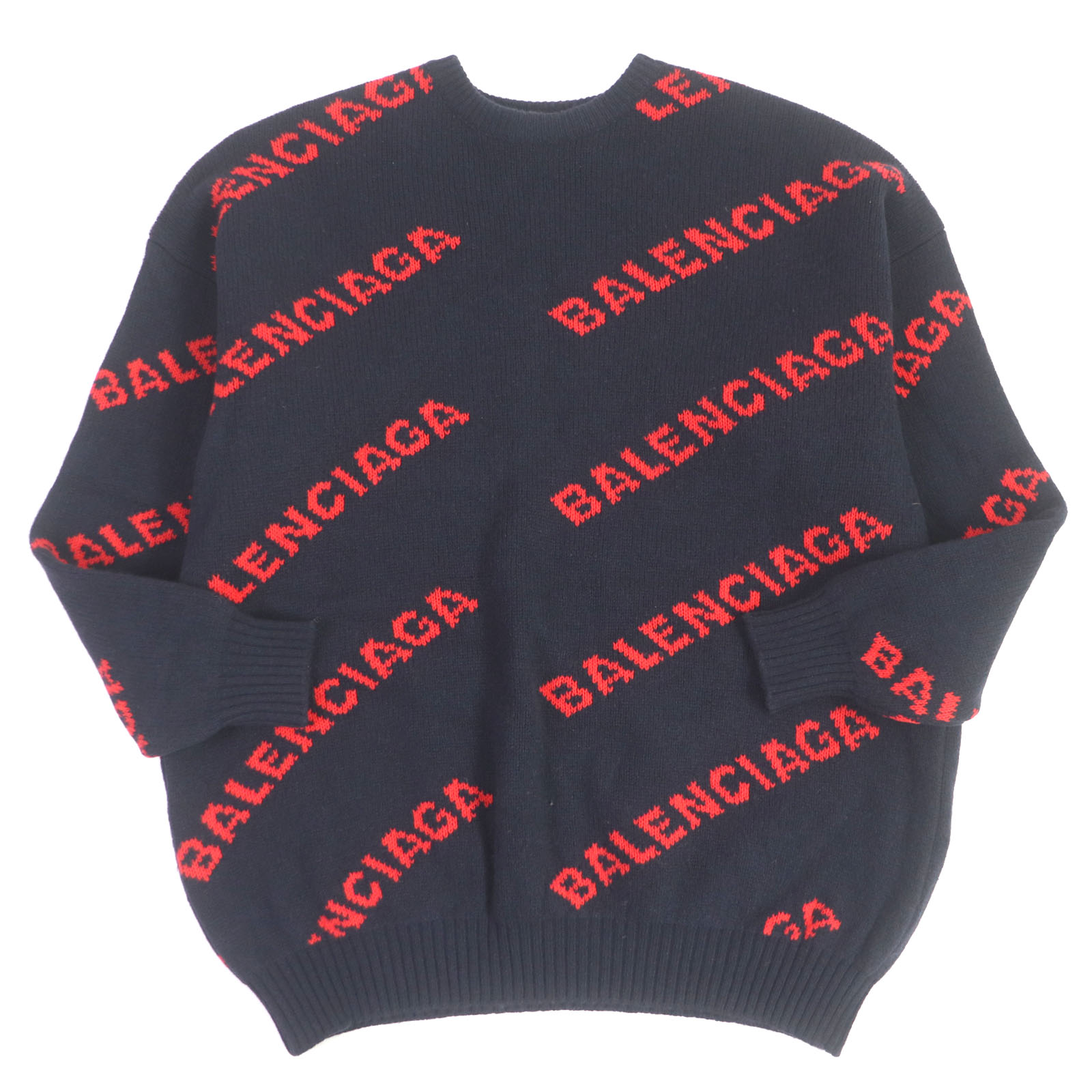 美品□BALENCIAGA バレンシアガ 2018年製 555279 ウール ジャガードロゴ ロングスリーブ ニット セーター ネイビー XS イタリア製 正規品 メンズ【中古】