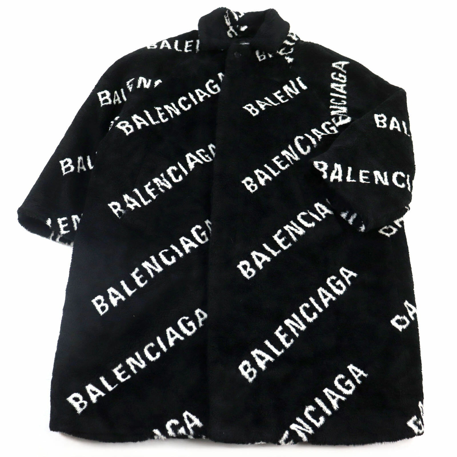 極美品○BALENCIAGA バレンシアガ 19AW 595827 TGQ02 ロゴ総柄 オーバーサイズ フェイクファー 中綿入り 裏地キルティング ロング丈 コート ブラック ホワイト 46 フランス製 正規品 メンズ【中古】