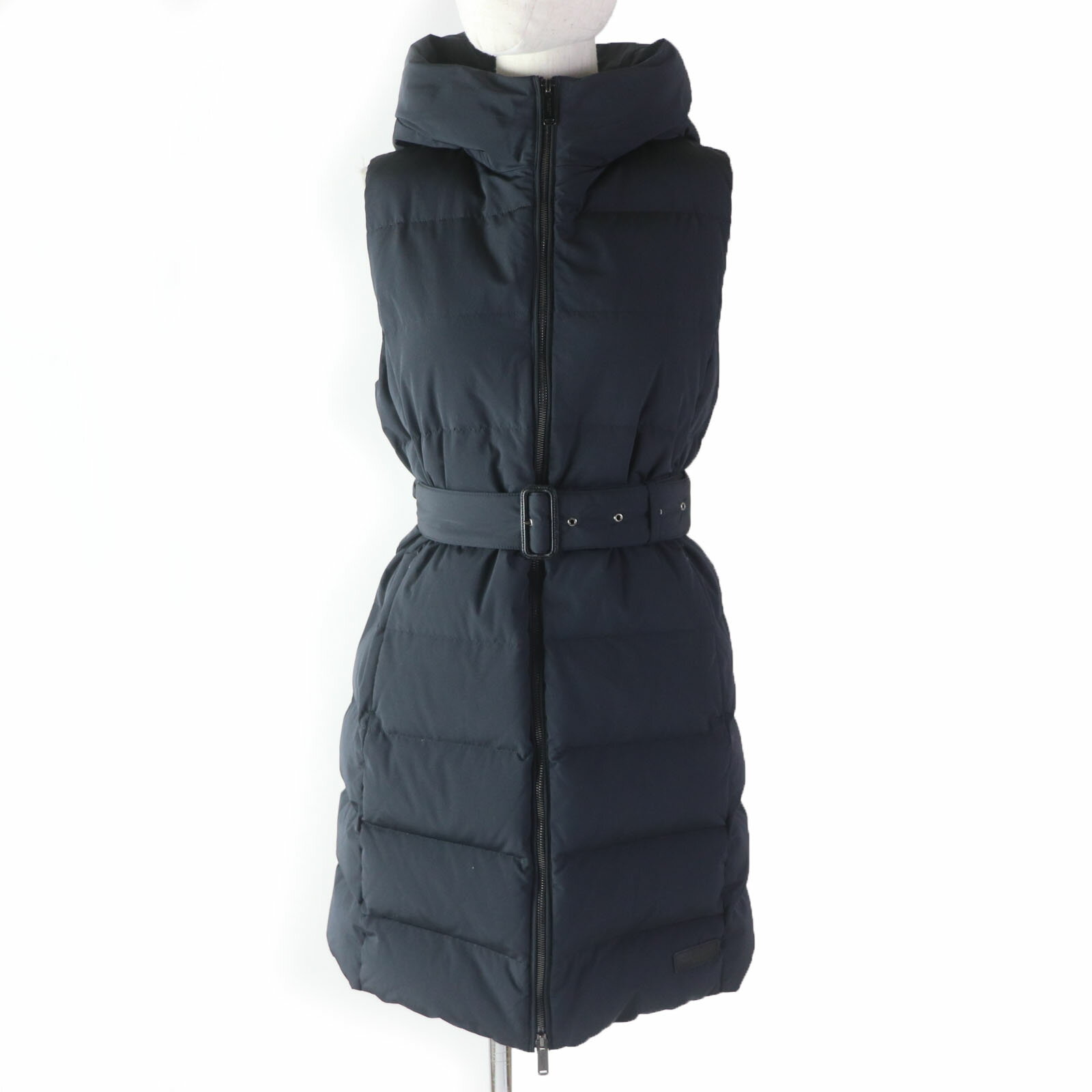 極美品☆MACKINTOSH LONDON マッキントッシュロンドン ベルト・レザーロゴパッチ・フード付き ZIP UP ロング丈 ダウンベスト ブラック 38 正規品 レディース【中古】