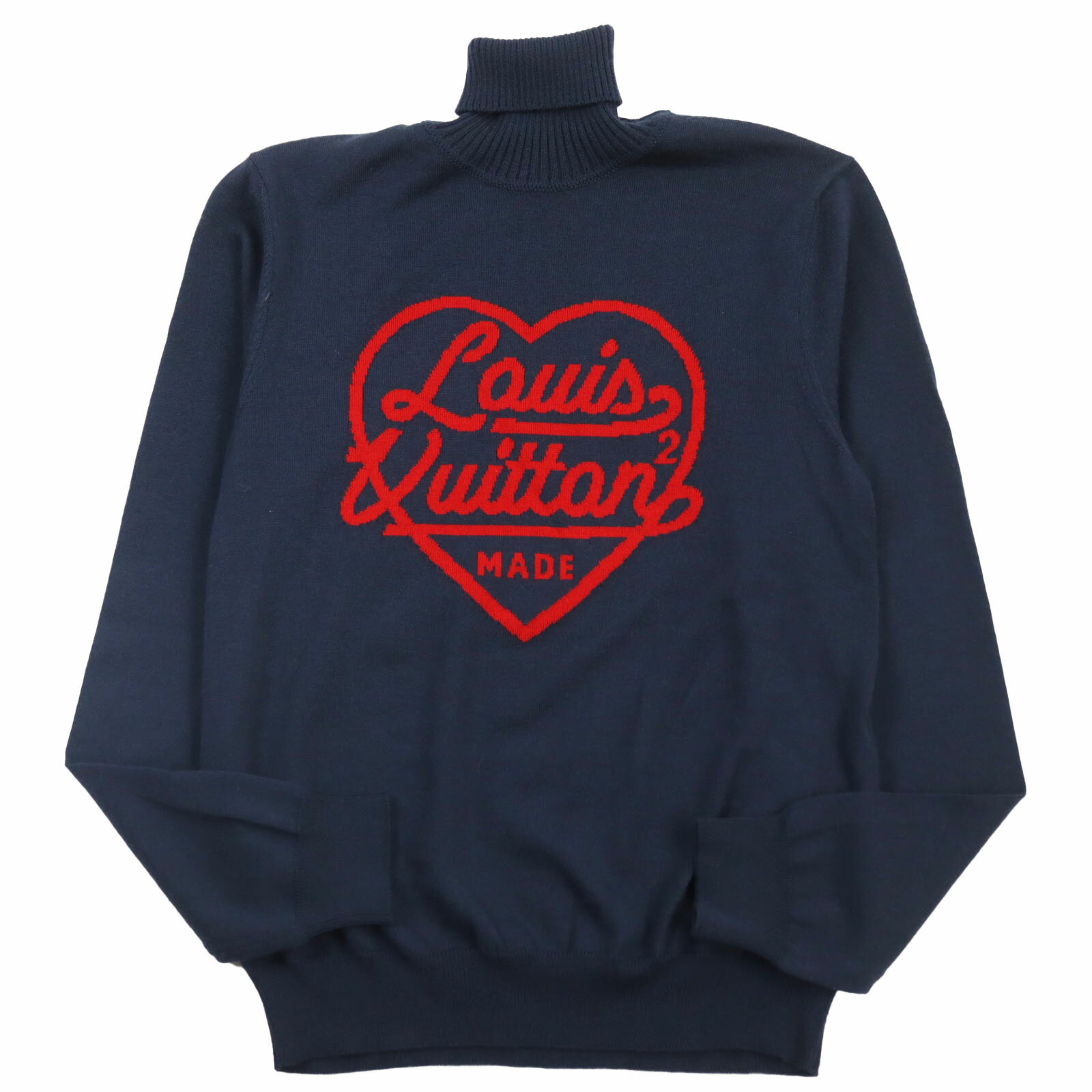 極美品●LOUIS VUITTON ルイヴィトン NIGO 2022年製 インタルシアハート タートルネック セーター ニット ネイビー XS イタリア製 正規品 メンズ【中古】