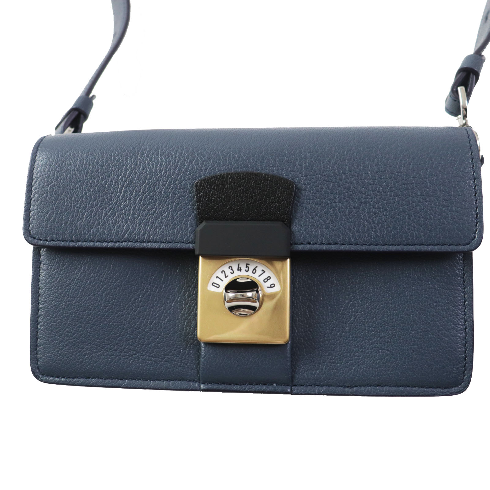極美品◎Maison Margiela メゾンマルジェラ SB1WD0002 NEW LOCK ニューロック ホリゾンタル レザー ショルダーバッグ ネイビー ホワイト 保存袋付き イタリア製 正規品 レディース【中古】