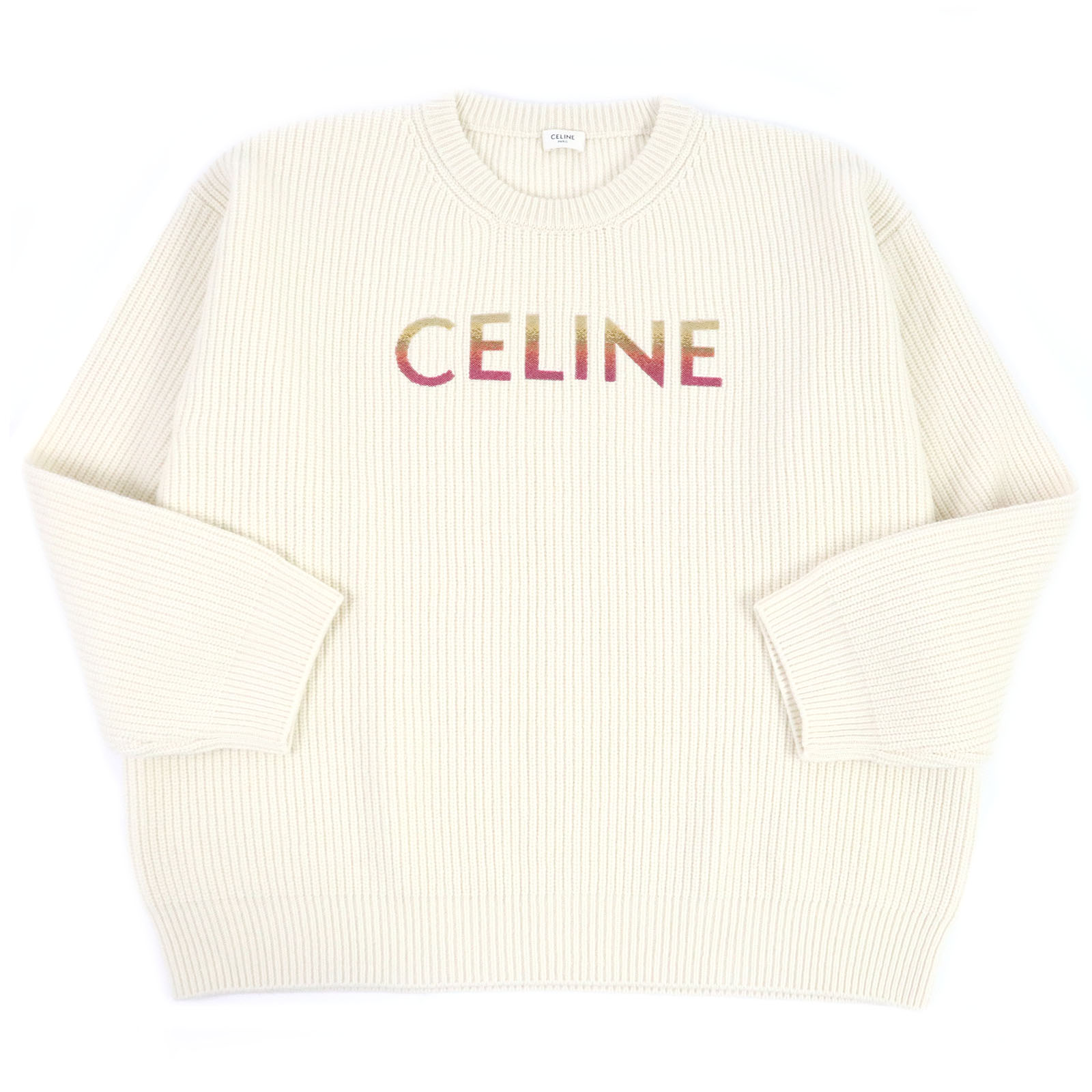 極美品□CELINE セリーヌ 22SS 2A09X66Q ウール100％ スパンコール リブ編み ロングスリーブ 長袖 ロゴニット セーター アイボリー XXL イタリア製 正規品 メンズ【中古】