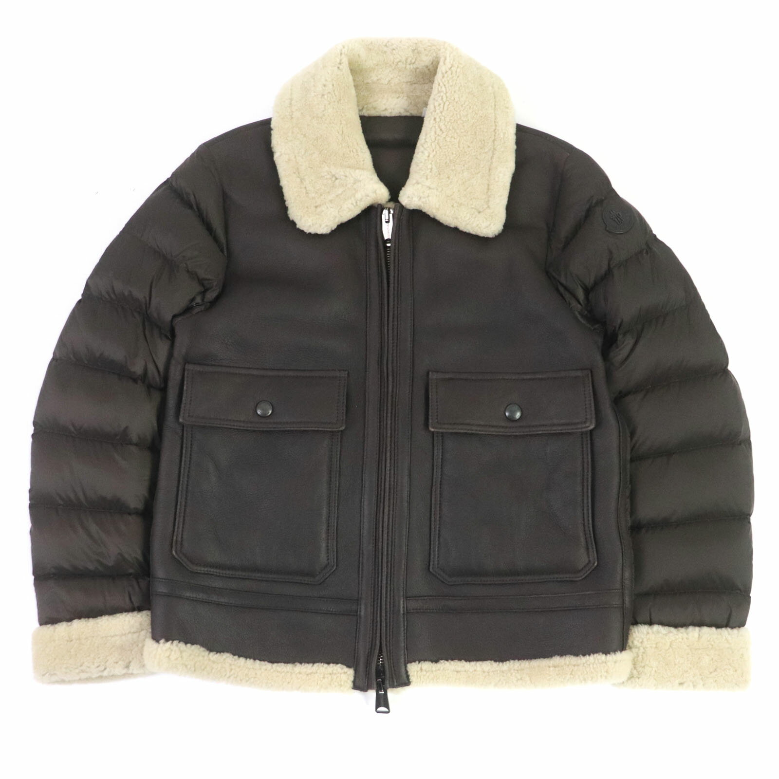 極美品□MONCLER モンクレール TEMPLON 切り替えデザイン 中綿入り ムートンジャケット レザージャケット ブラウン 2 イタリア製 正規品 メンズ 希少！【中古】