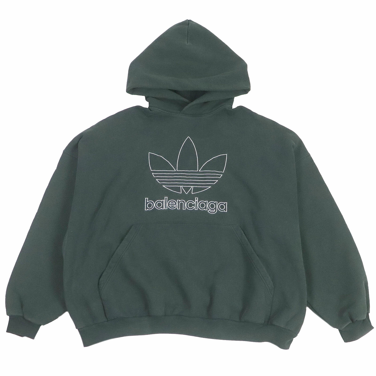 良品□BALENCIAGA バレンシアガ adidas アディダス 23SS 712396 コットン トレフォイル ロゴ刺繍 ラージフィット プルオーバー フーディー パーカー ダークグリーン 2 箱付き 正規品 メンズ【中古】