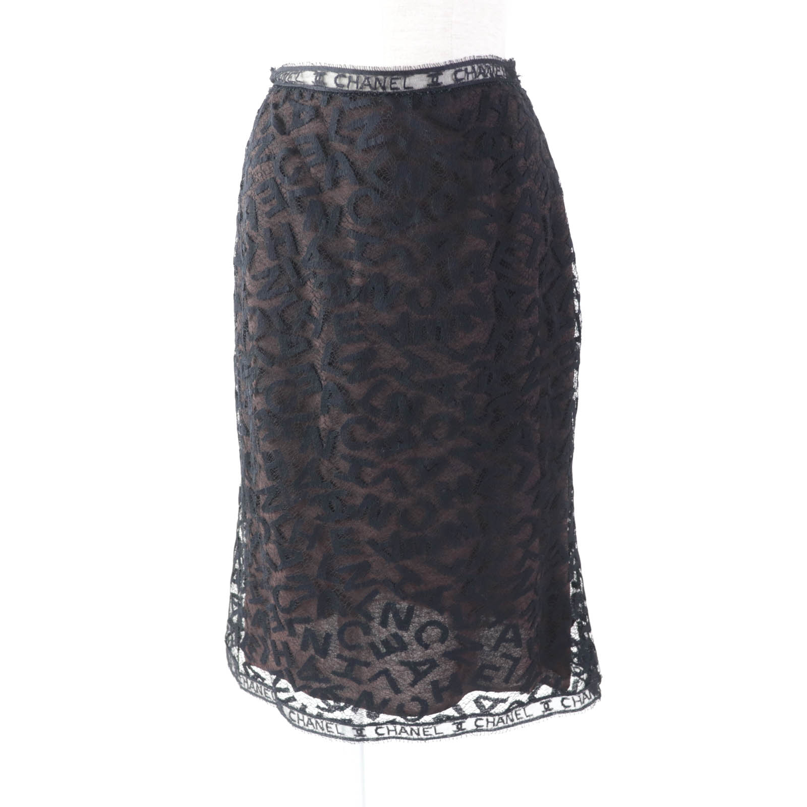 極美品★CHANEL シャネル ヴィンテージ 98A P11845 総ロゴレース 膝丈 タイトスカート ブラック 38 フランス製 レディース【中古】