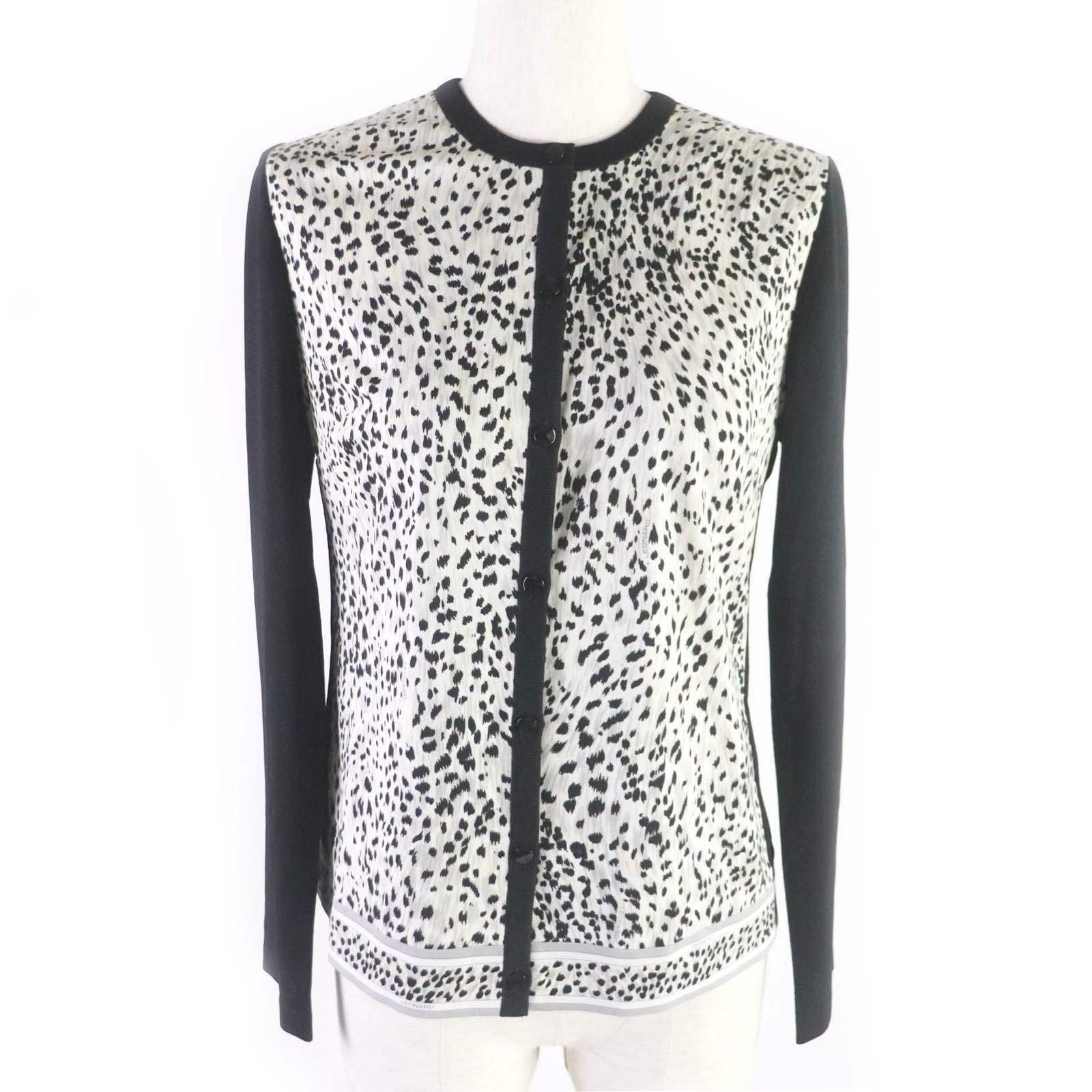 極美品□LEONARD FASHION レオナール ファッション 0177212 薄手 切替デザイン レオパード柄 ニットセーター カーディガン ブラック アイボリー 38 日本製 正規品 レディース【中古】