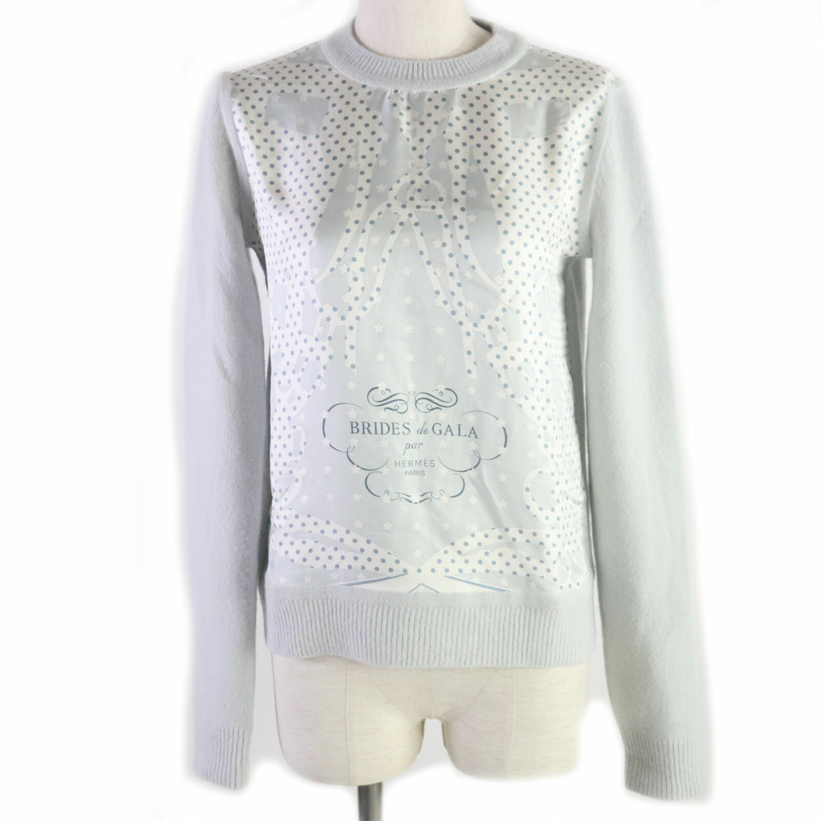 美品▼HERMES エルメス 21AW Brides de Gala クルーネック 異素材切替 カシミヤ シルク ニット アイスブルー 34 イタリア製 正規品 レディース【中古】