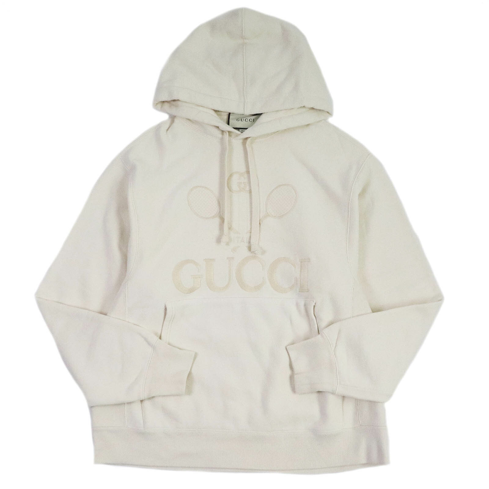 美品□GUCCI グッチ 560502 TENNIS コットン100％ ロゴエンブロイダリー プルオーバー フーディー パーカー アイボリー S イタリア製 正規品 メンズ【中古】