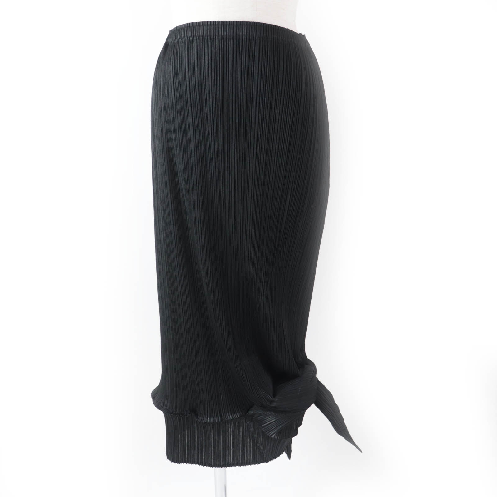 極美品◎PLEATS PLEASE プリーツプリーズ イッセイミヤケ PP71-JG207 裾リボン ロングスカート ブラック 3 日本製 正規品 レディース【中古】