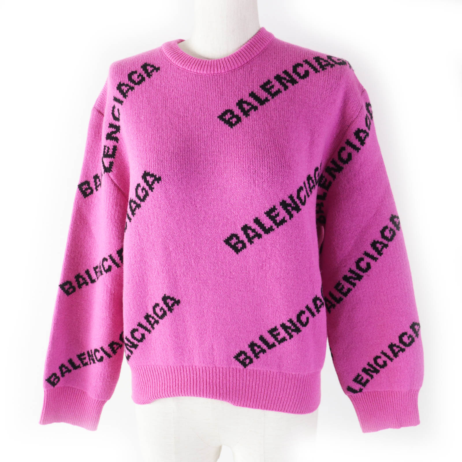 未使用品◎BALENCIAGA バレンシアガ 510243 ヴァージンウール ジャガードロゴ 長袖ニット ピンク ブラック 34 イタリア製 正規品 レディース【中古】