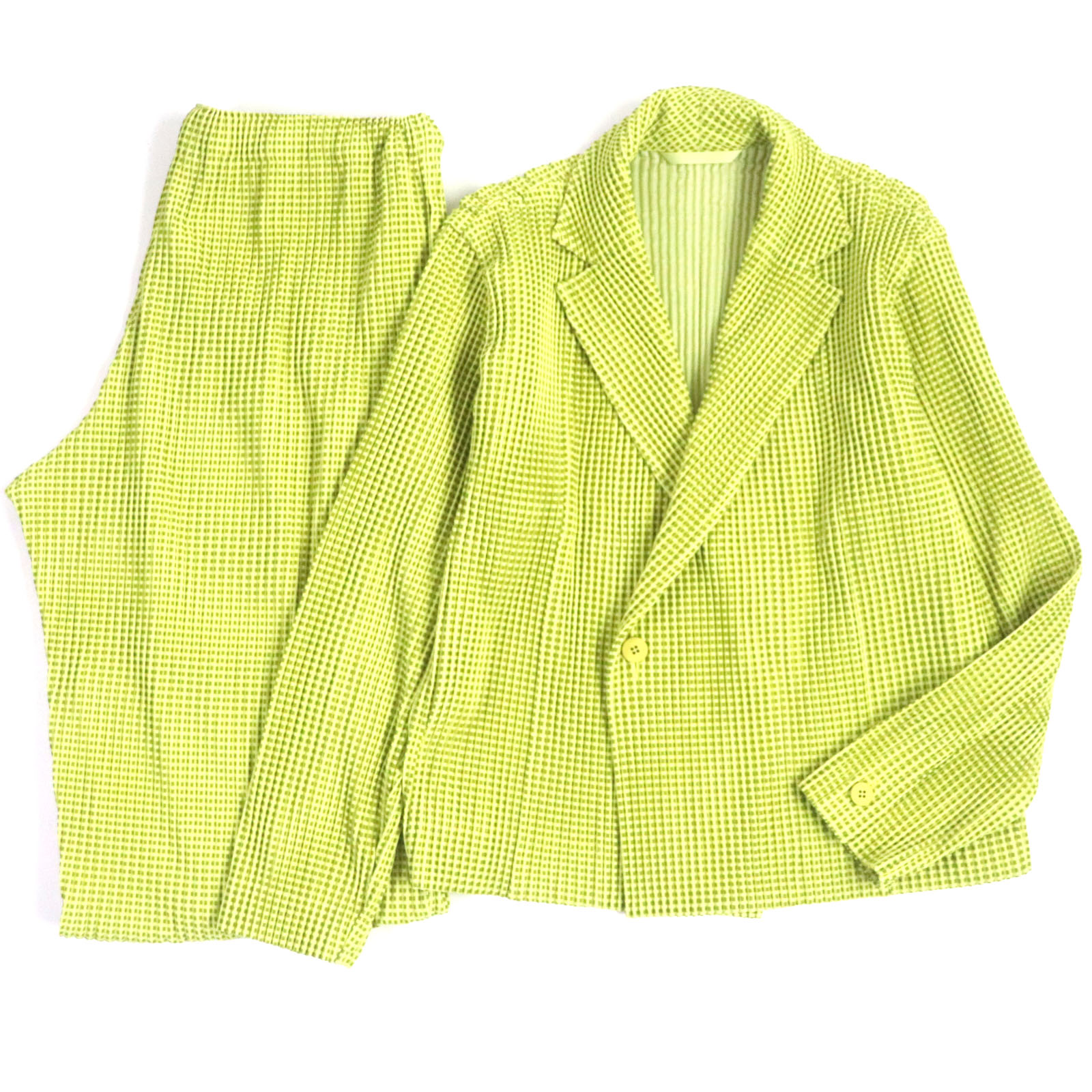 極美品▼HOMME PLISSE ISSEY MIYAKE オム プリッセ イッセイミヤケ HP03JD240 HP03JF241 チェック柄 プリーツ加工 ジャケット ワイドパンツ セットアップ イエロー グリーン 1 正規品 メンズ【中古】