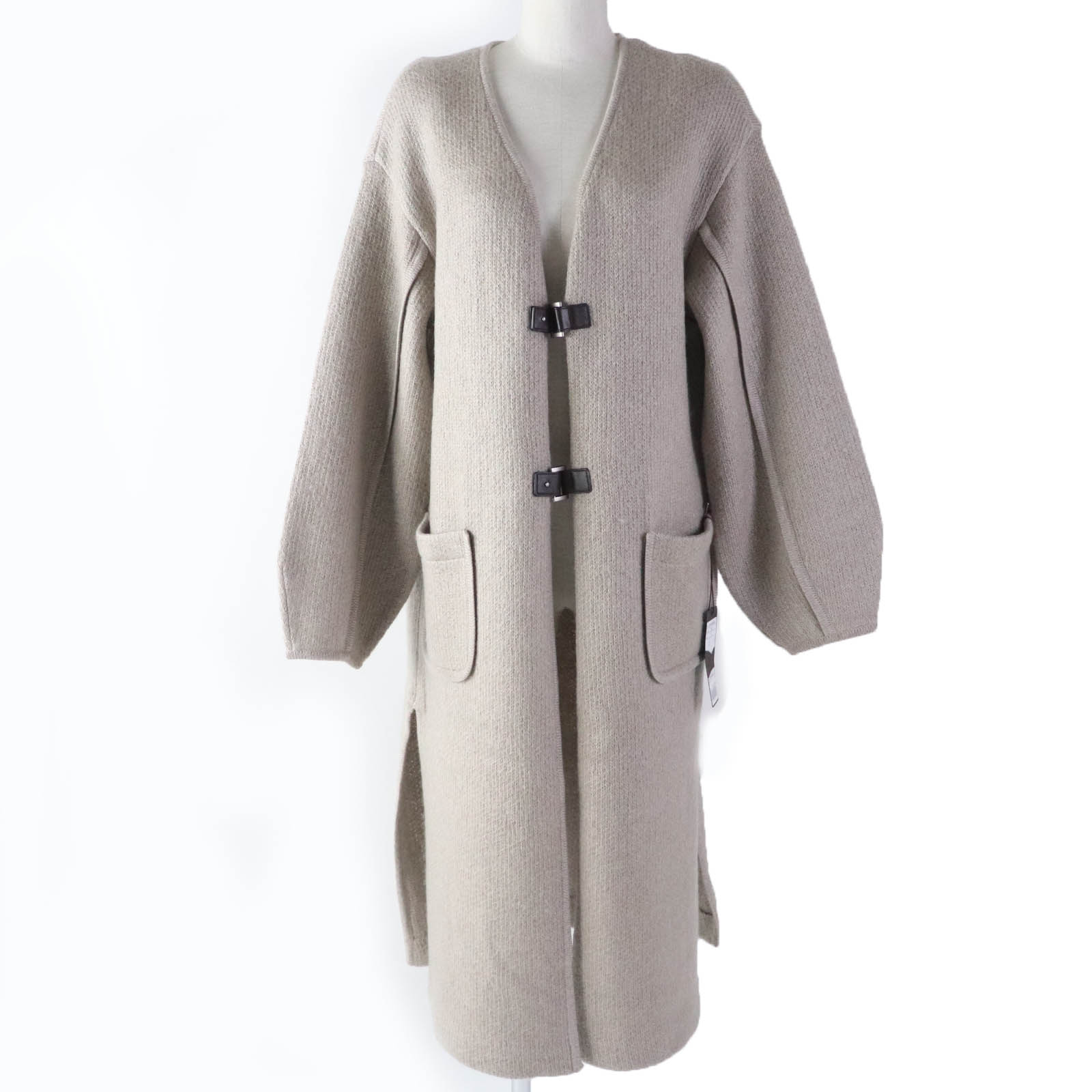 未使用品☆FOXEY フォクシー 39196 モヘア シルク混 レザー使い 長袖 ロング丈 カーディガン ベージュ F 日本製 正規品 レディース【中古】