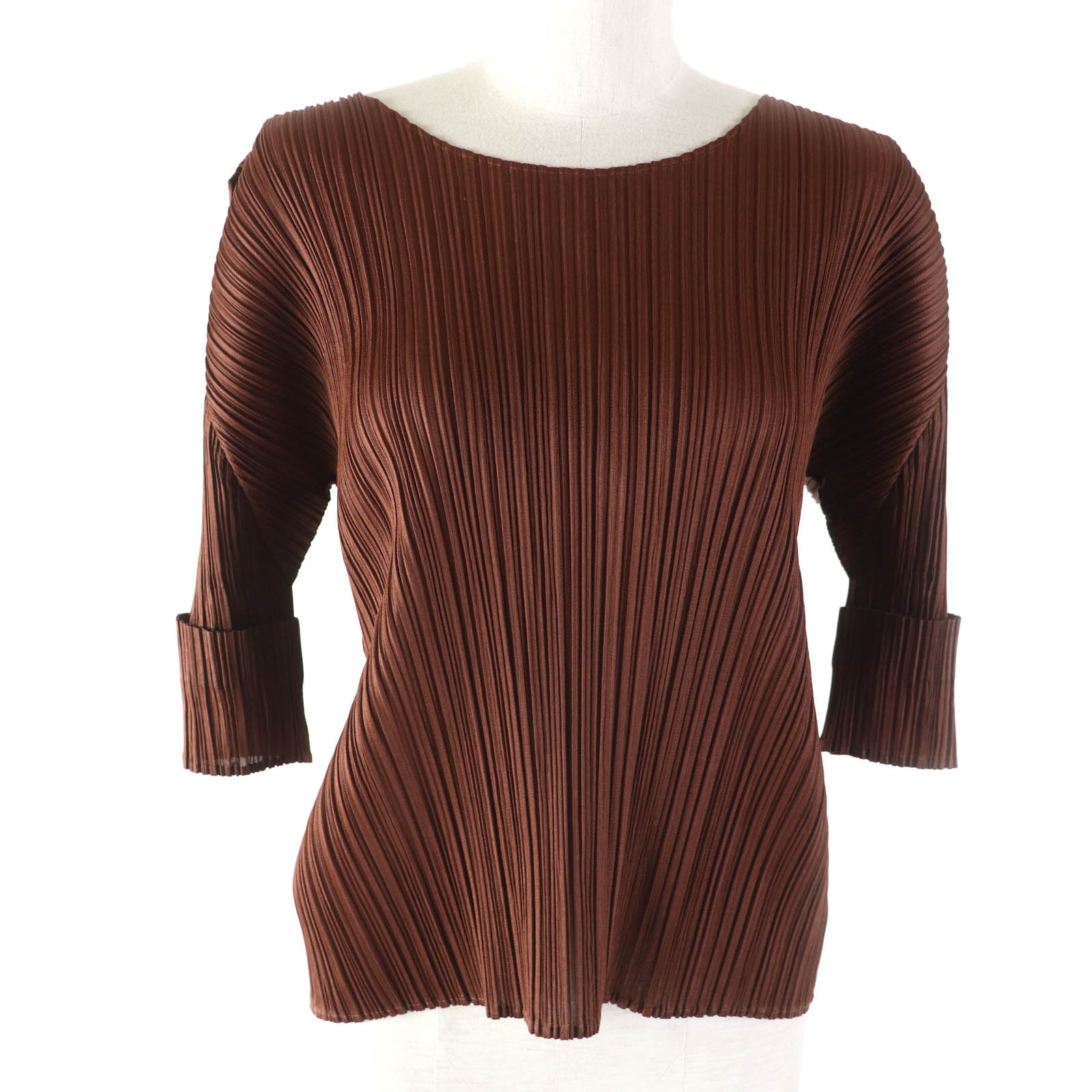 極美品★PLEATS PLEASE プリーツプリーズ イッセイミヤケ PP91-JK205 切替スリーブ 半袖 カットソー ブラウン 3 日本製 正規品 レディース【中古】