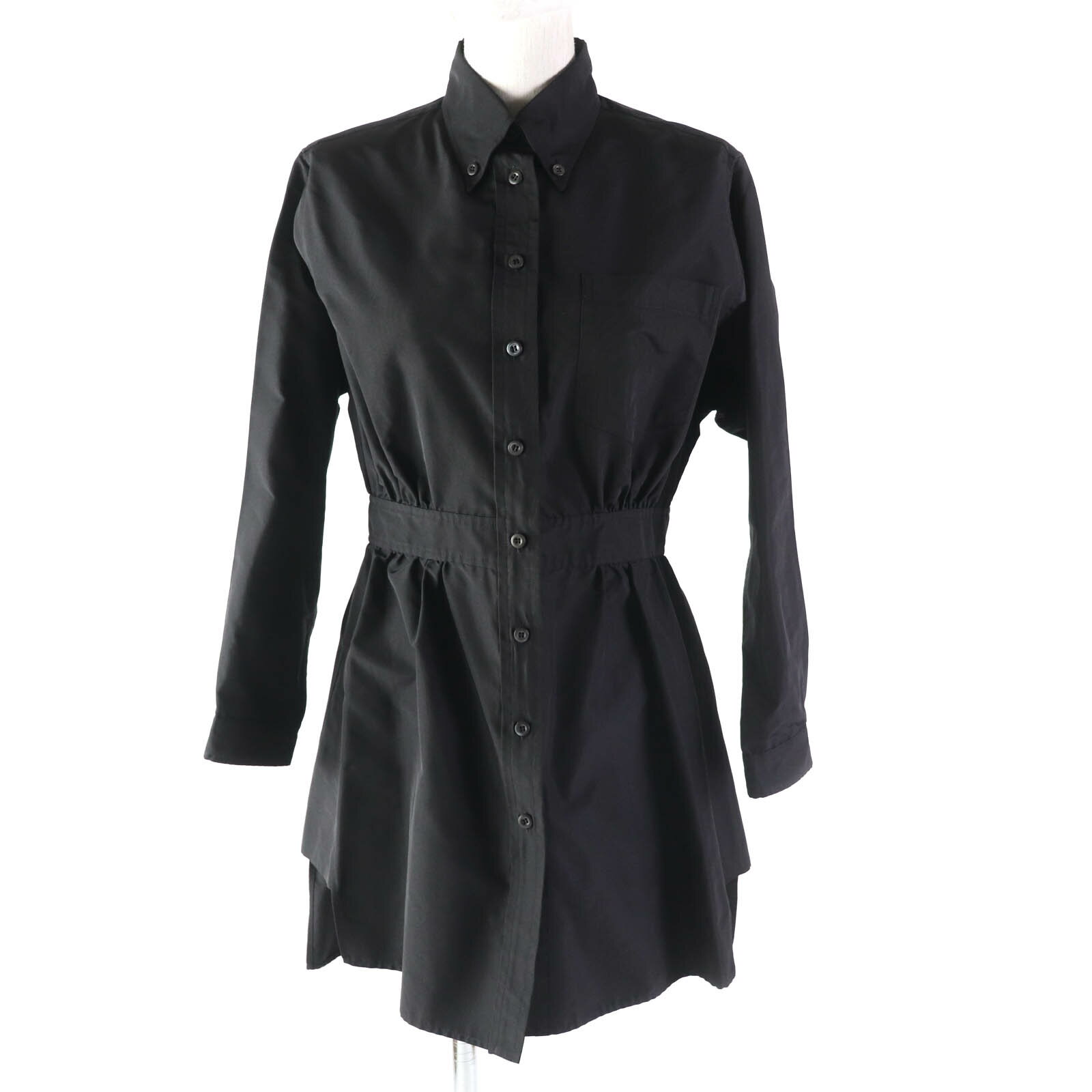 極美品★PRADA プラダ 19年製 APD1 シルクジャガード ウエスト切替 長袖 ロング シャツ ブラック 38S イタリア製 レディース シンプル◎ 【中古】