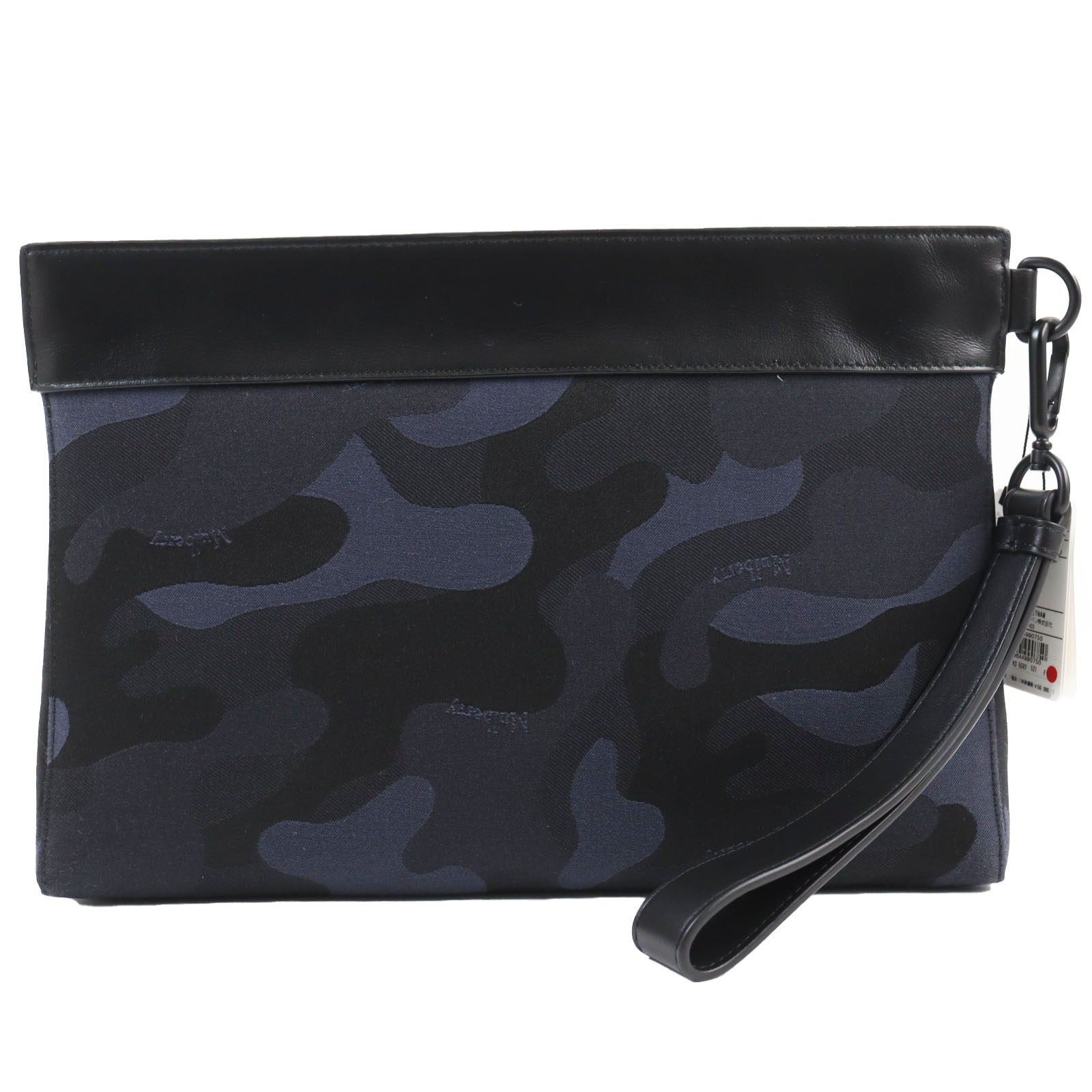 未使用品●MULBERRY マルベリー RL5593 レザー ロゴ入り カモフラ・迷彩柄 ポーチ セカンドバッグ クラッチバッグ ネイビー ブラック メンズ レディース【中古】